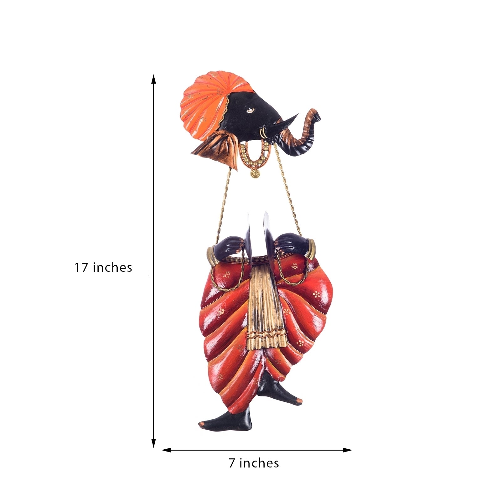 Orange and Black Wrought Iron Lord Ganesha playing Taal Wall Hanging 2