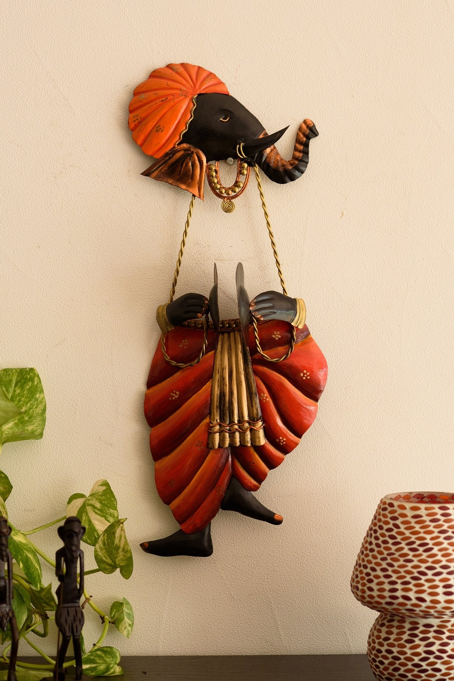 Orange and Black Wrought Iron Lord Ganesha playing Taal Wall Hanging 3