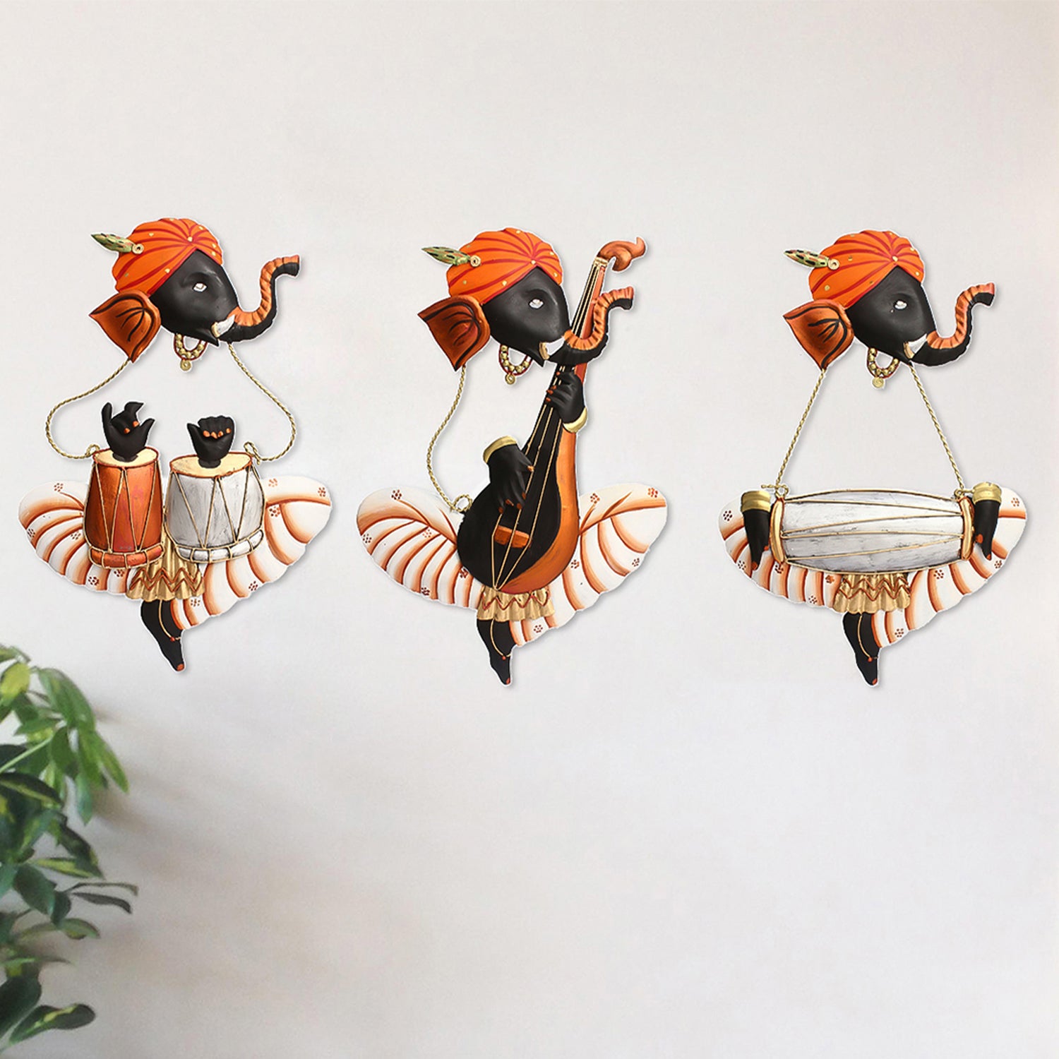 Set of 3 Lord Ganesha Playing Tabla, Veena, Dholak Musical Instuments Wall Hangings 1