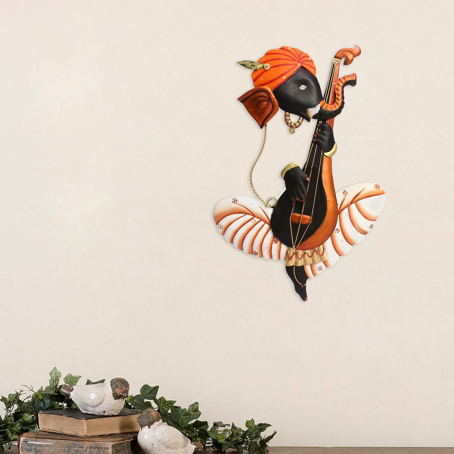 Orange Musician Lord Ganesha Playing Veena Iron Wall Hanging/Art