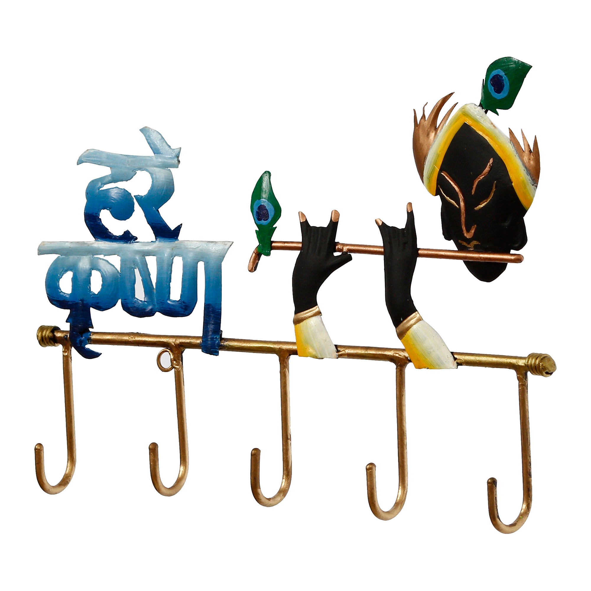 Hare Krishna Playing Flute Art 5 Hooks Iron Key Holder (Black, Golden and Blue) 9