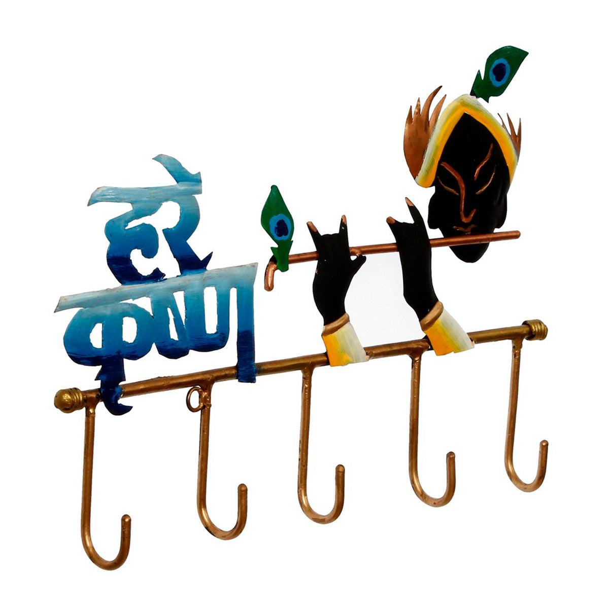 Hare Krishna Playing Flute Art 5 Hooks Iron Key Holder (Black, Golden and Blue) 4
