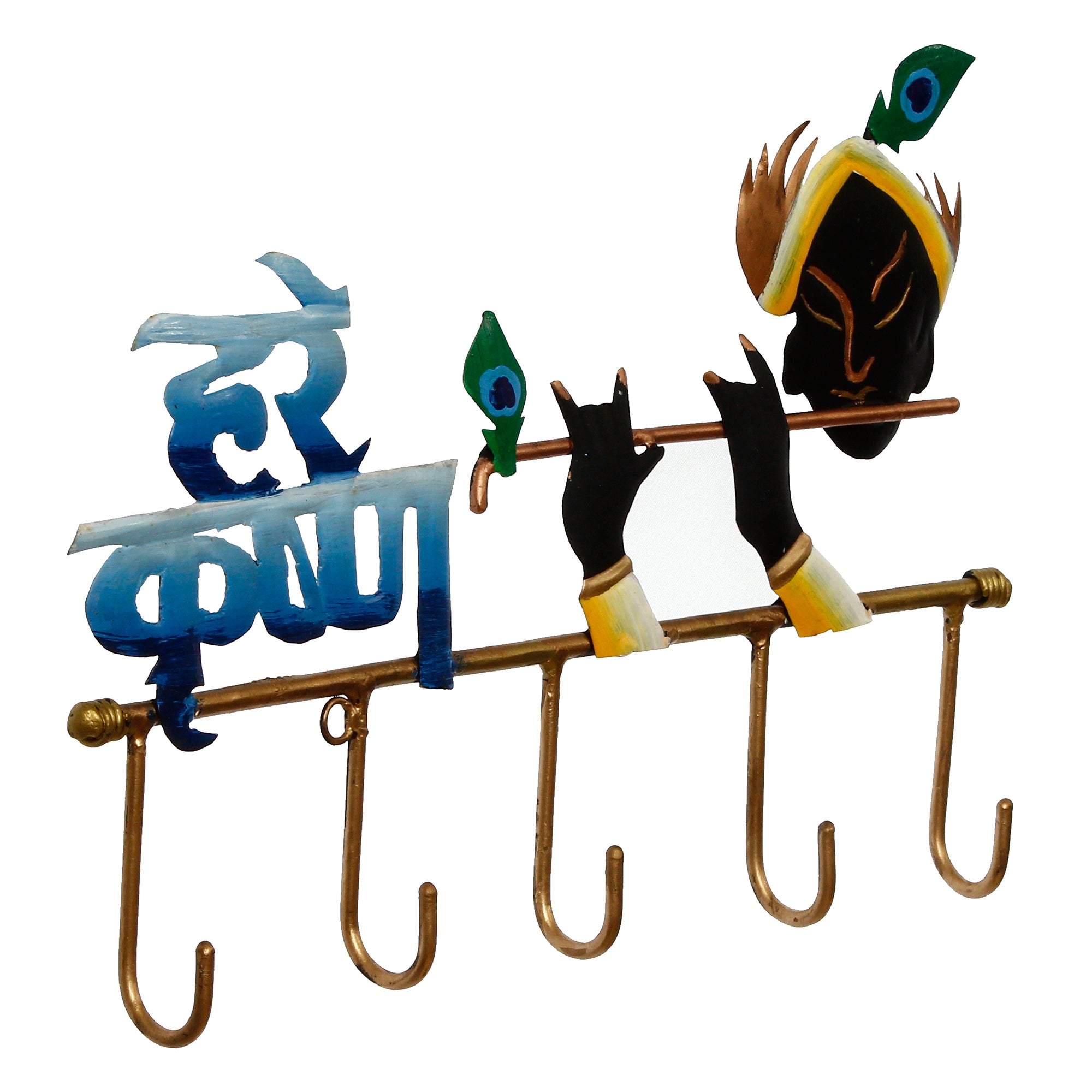 Hare Krishna Playing Flute Art 5 Hooks Iron Key Holder (Black, Golden and Blue) 10
