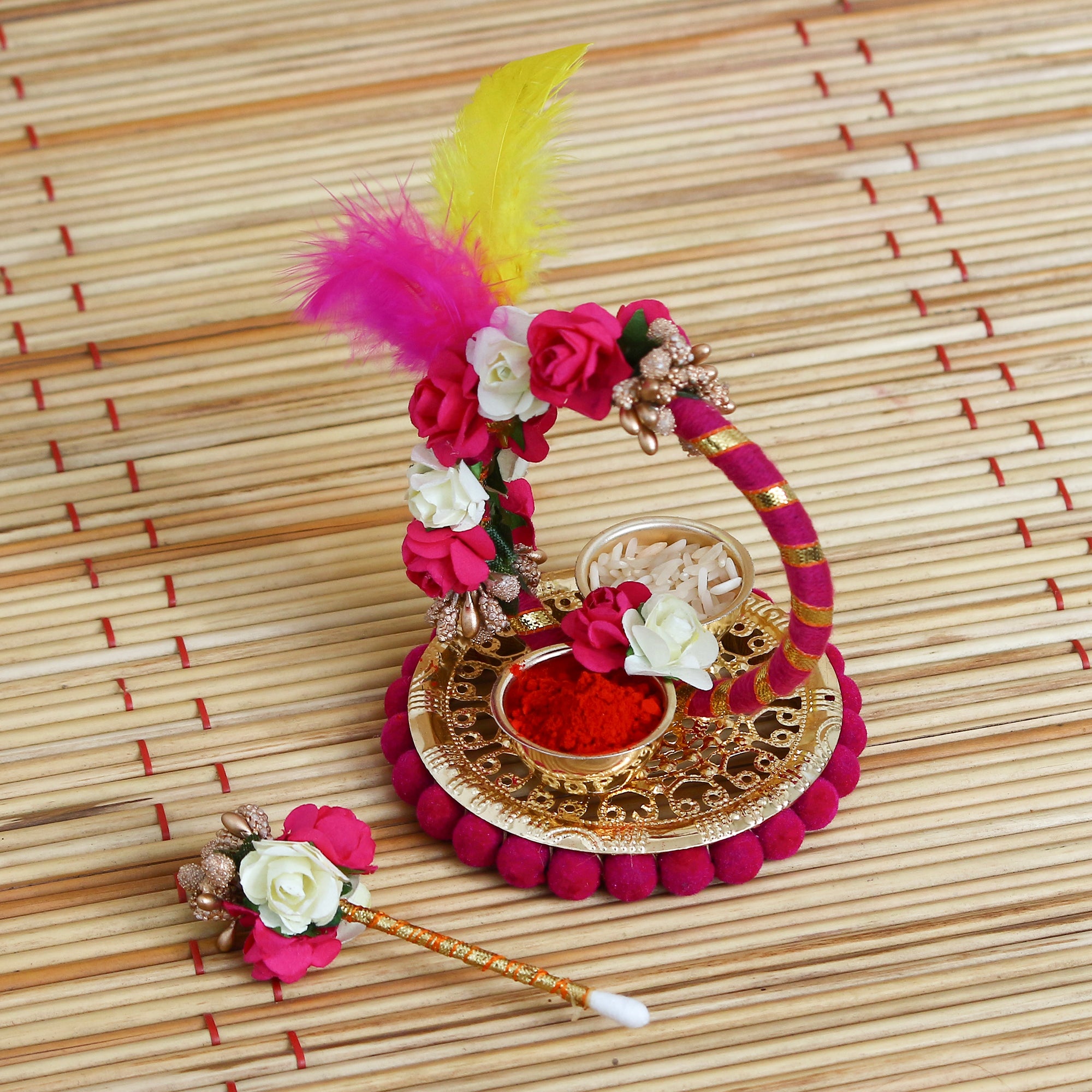 Multicolor Handcrafted Decorative Roli tikka holder with a designer stick and Colorful Feathers 1