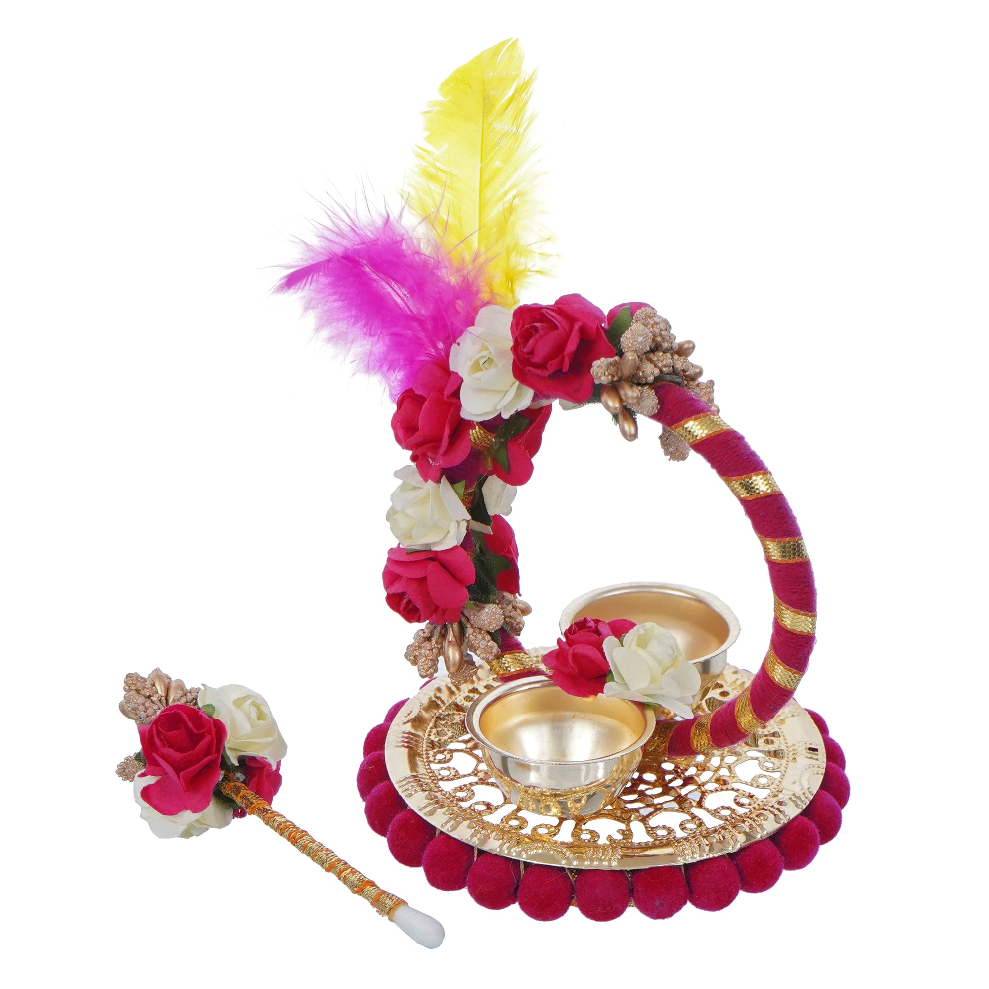 Multicolor Handcrafted Decorative Roli tikka holder with a designer stick and Colorful Feathers 2