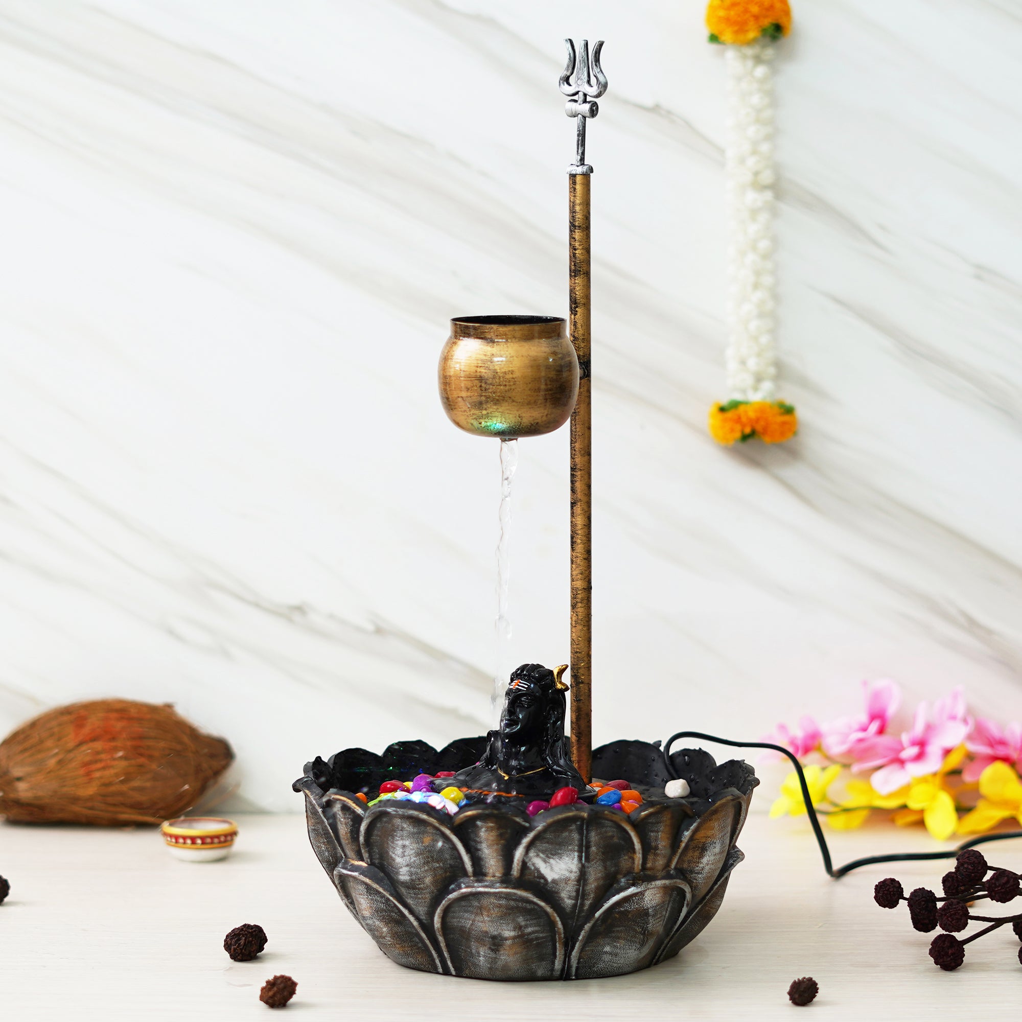 eCraftIndia Golden and Black Polyresin Metal Handcrafted Shivling Water Fountain for Home Decor Showpiece 1