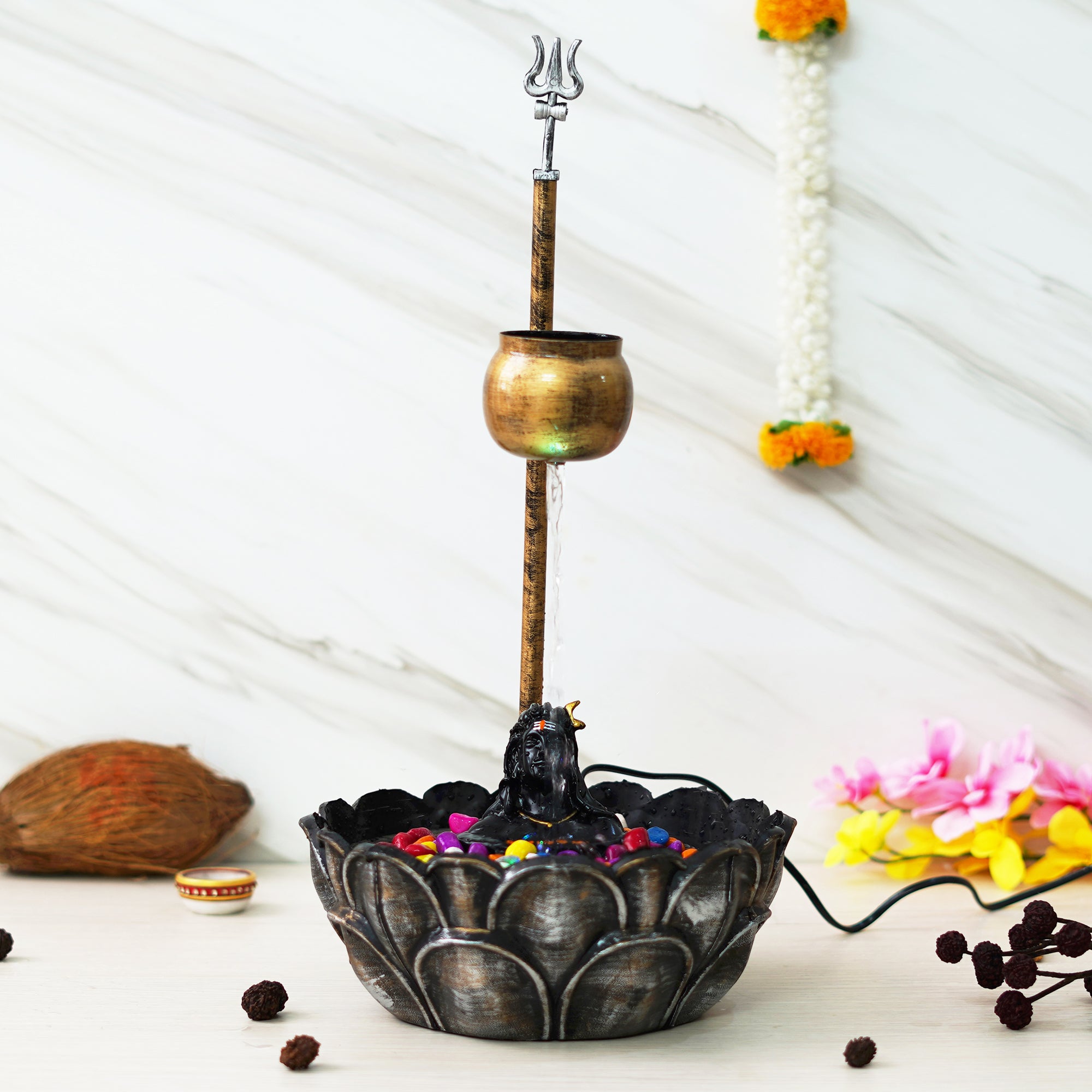 eCraftIndia Golden and Black Polyresin Metal Handcrafted Shivling Water Fountain for Home Decor Showpiece 4