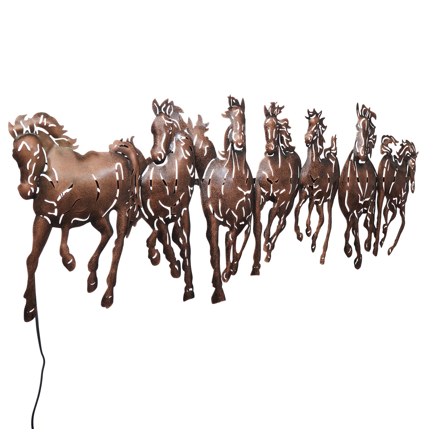 Brown Running 7 Horses Design Handcrafted Iron Wall Hanging with background LED's 4