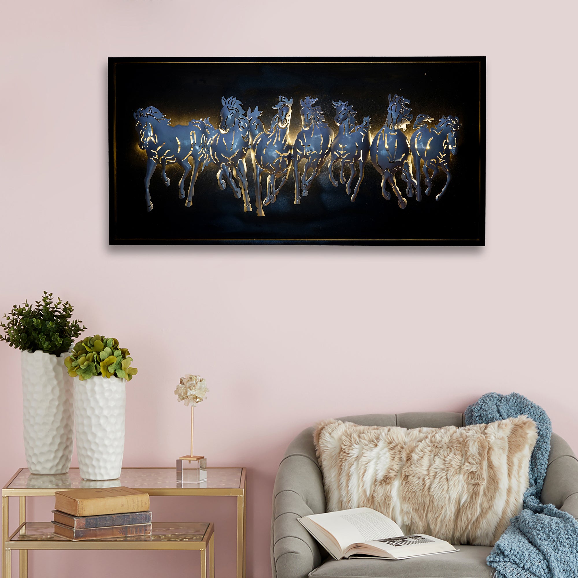 Black and Silver 7 Running Horses empanalled in Wooden Frame Handcrafted Metal Wall Hanging with Background LED's 1