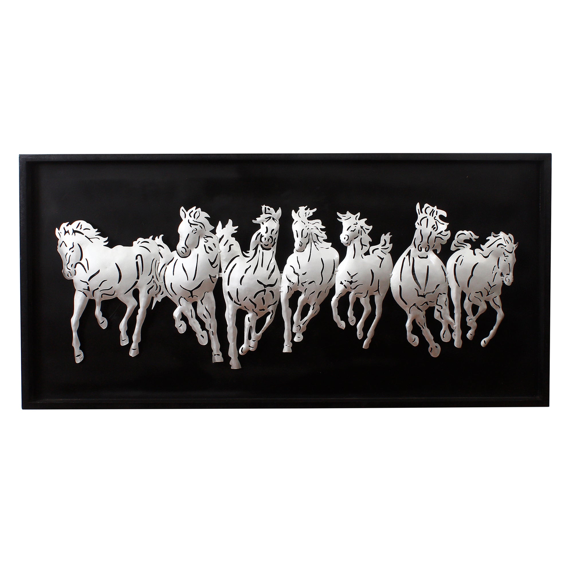 Black and Silver 7 Running Horses empanalled in Wooden Frame Handcrafted Metal Wall Hanging with Background LED's 2