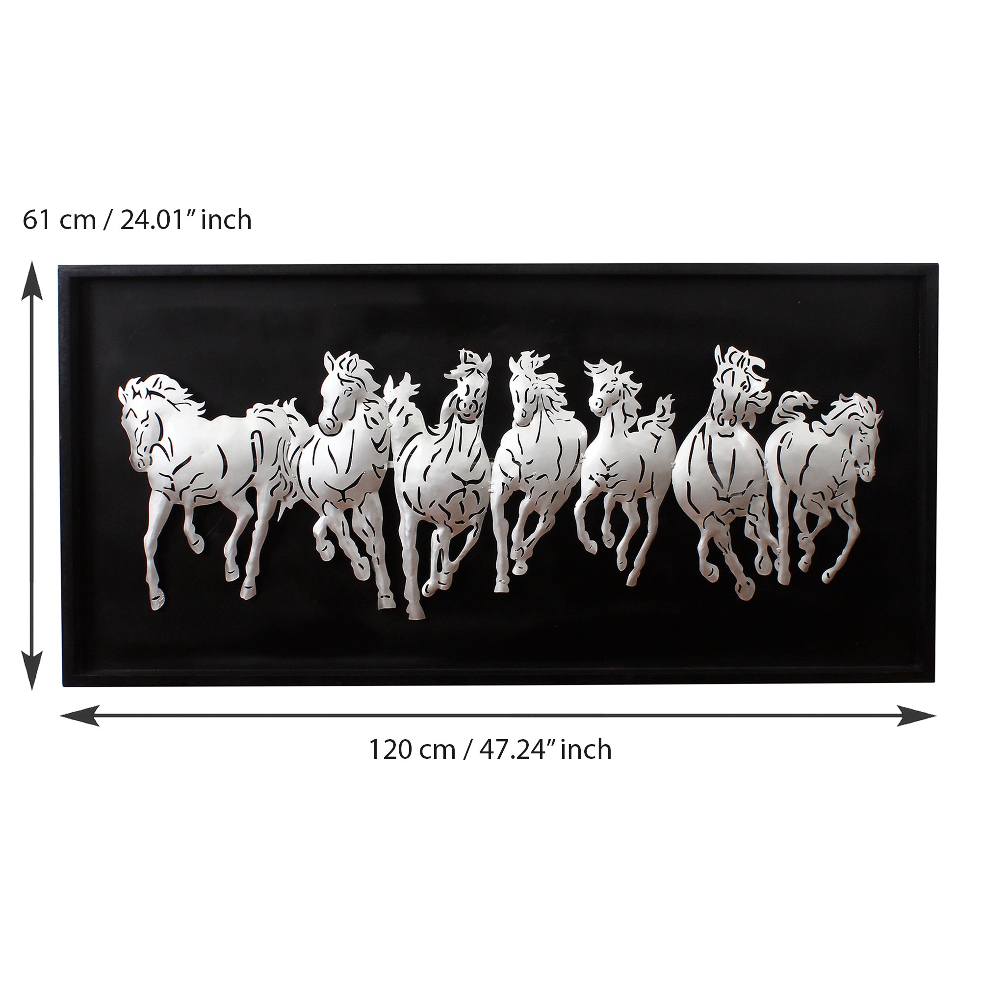 Black and Silver 7 Running Horses empanalled in Wooden Frame Handcrafted Metal Wall Hanging with Background LED's 3
