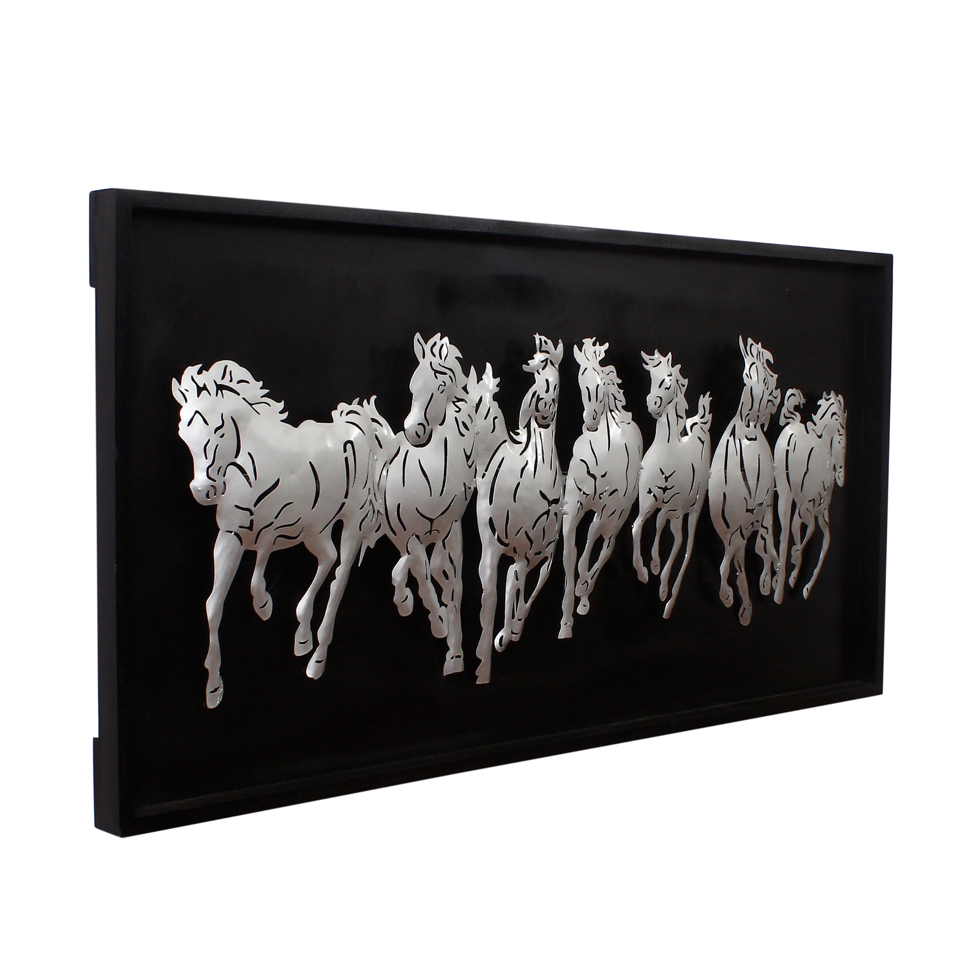 Black and Silver 7 Running Horses empanalled in Wooden Frame Handcrafted Metal Wall Hanging with Background LED's 4