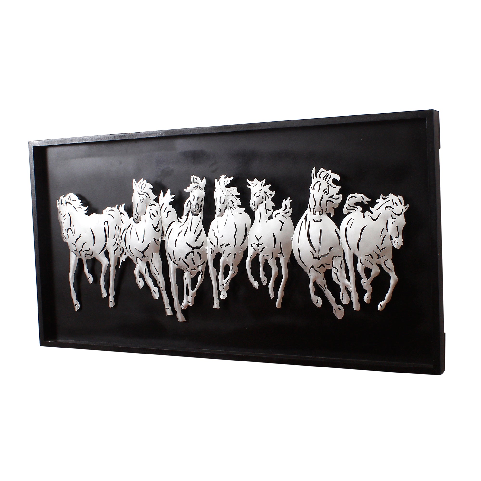 Black and Silver 7 Running Horses empanalled in Wooden Frame Handcrafted Metal Wall Hanging with Background LED's 5