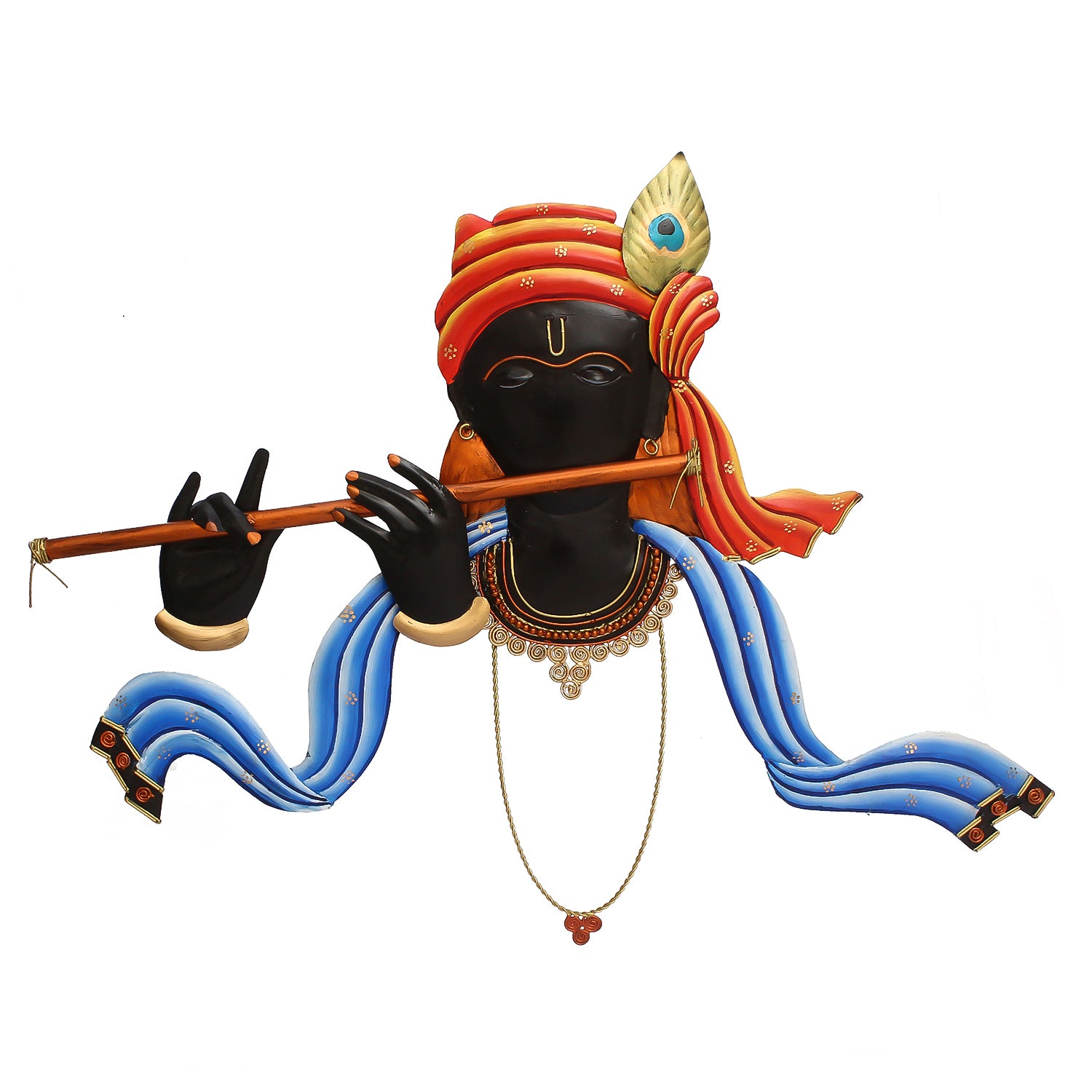 Lord Krishna Playing Flute/Bansuri Wall Hanging (Orange, Blue, Black) 1
