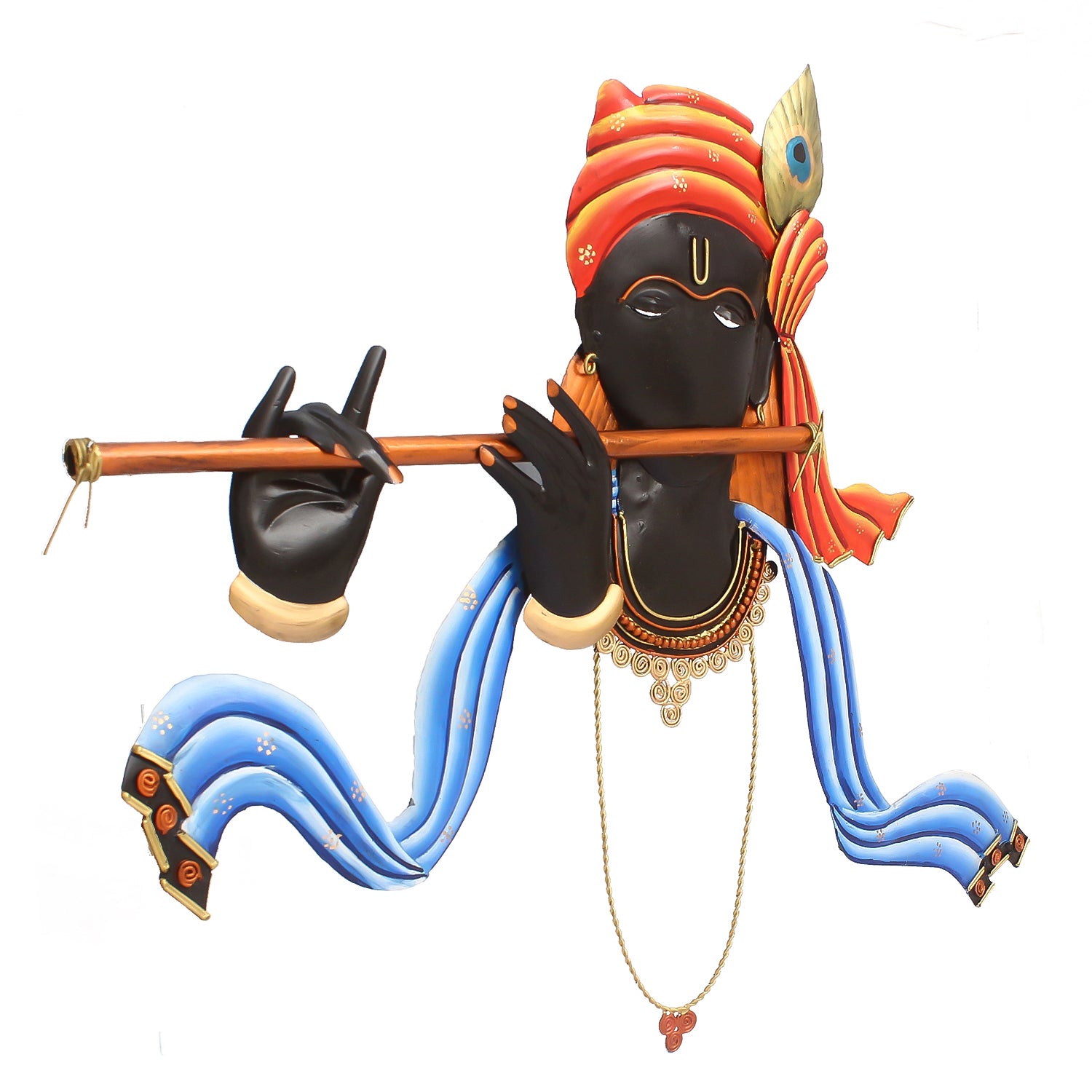 Lord Krishna Playing Flute/Bansuri Wall Hanging (Orange, Blue, Black) 3