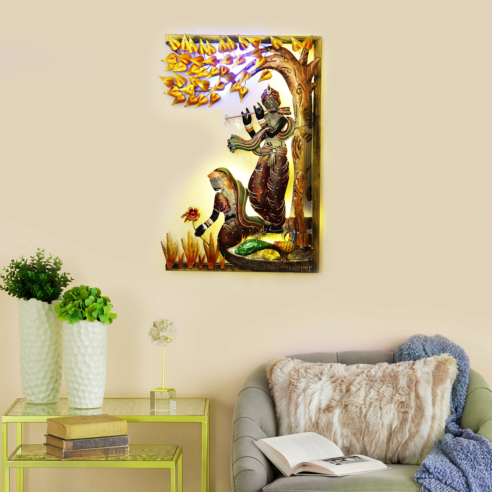 Lord krishna playing flute for radha Handcrafted Metal Wall Hanging with Background LED's 1
