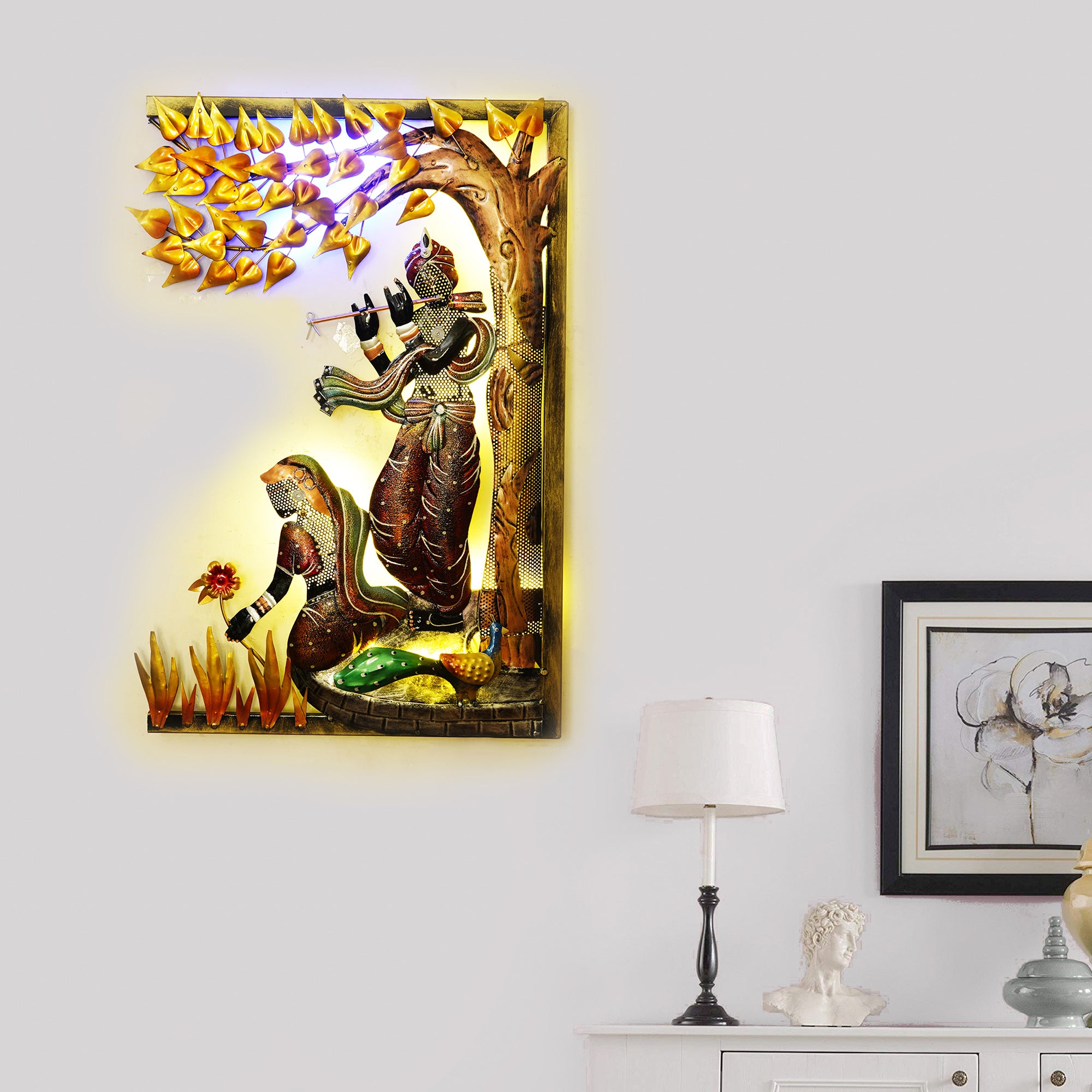 Lord krishna playing flute for radha Handcrafted Metal Wall Hanging with Background LED's