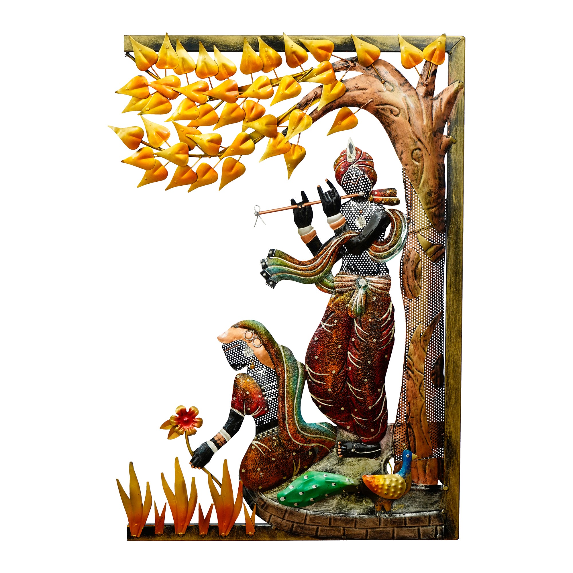 Lord krishna playing flute for radha Handcrafted Metal Wall Hanging with Background LED's 2
