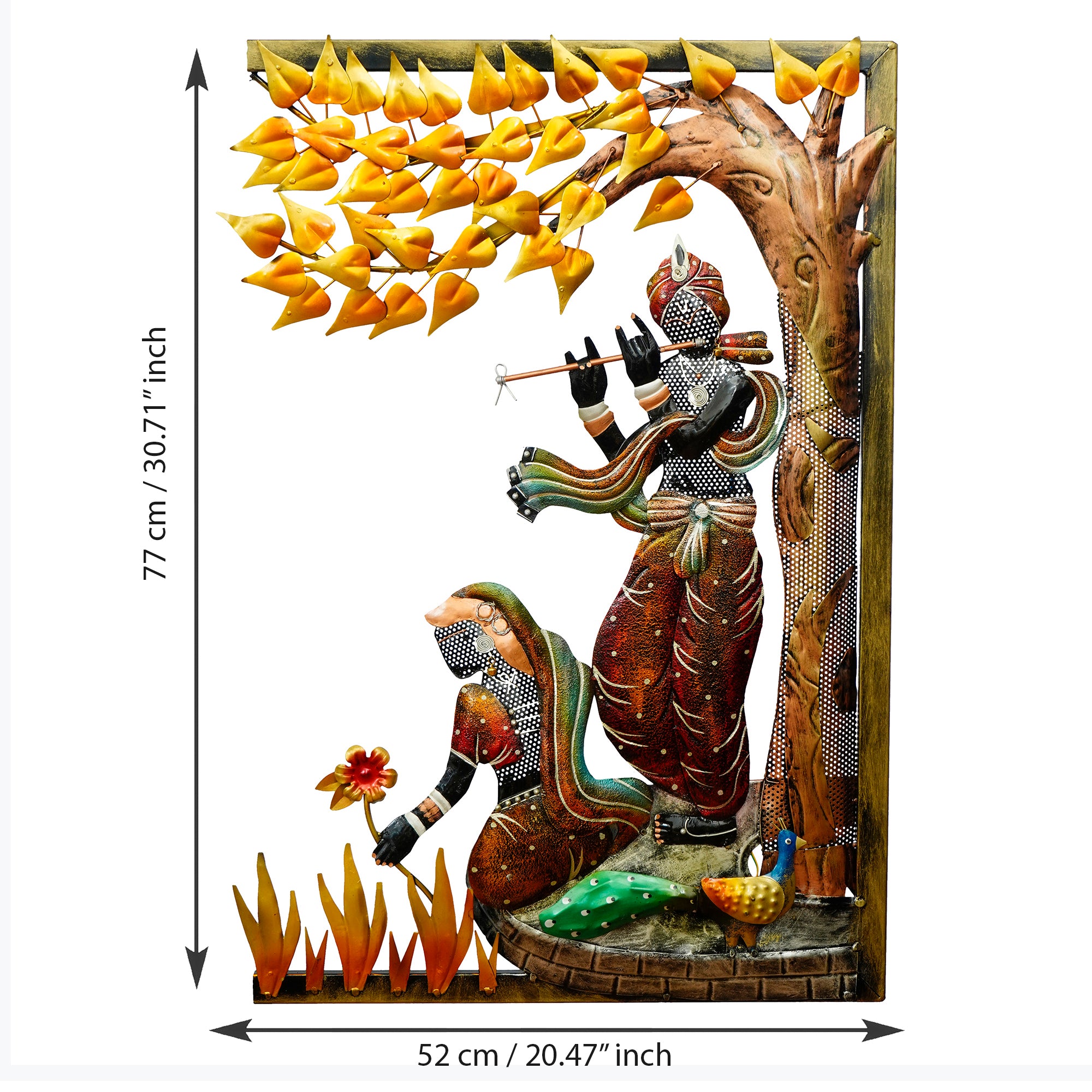 Lord krishna playing flute for radha Handcrafted Metal Wall Hanging with Background LED's 3