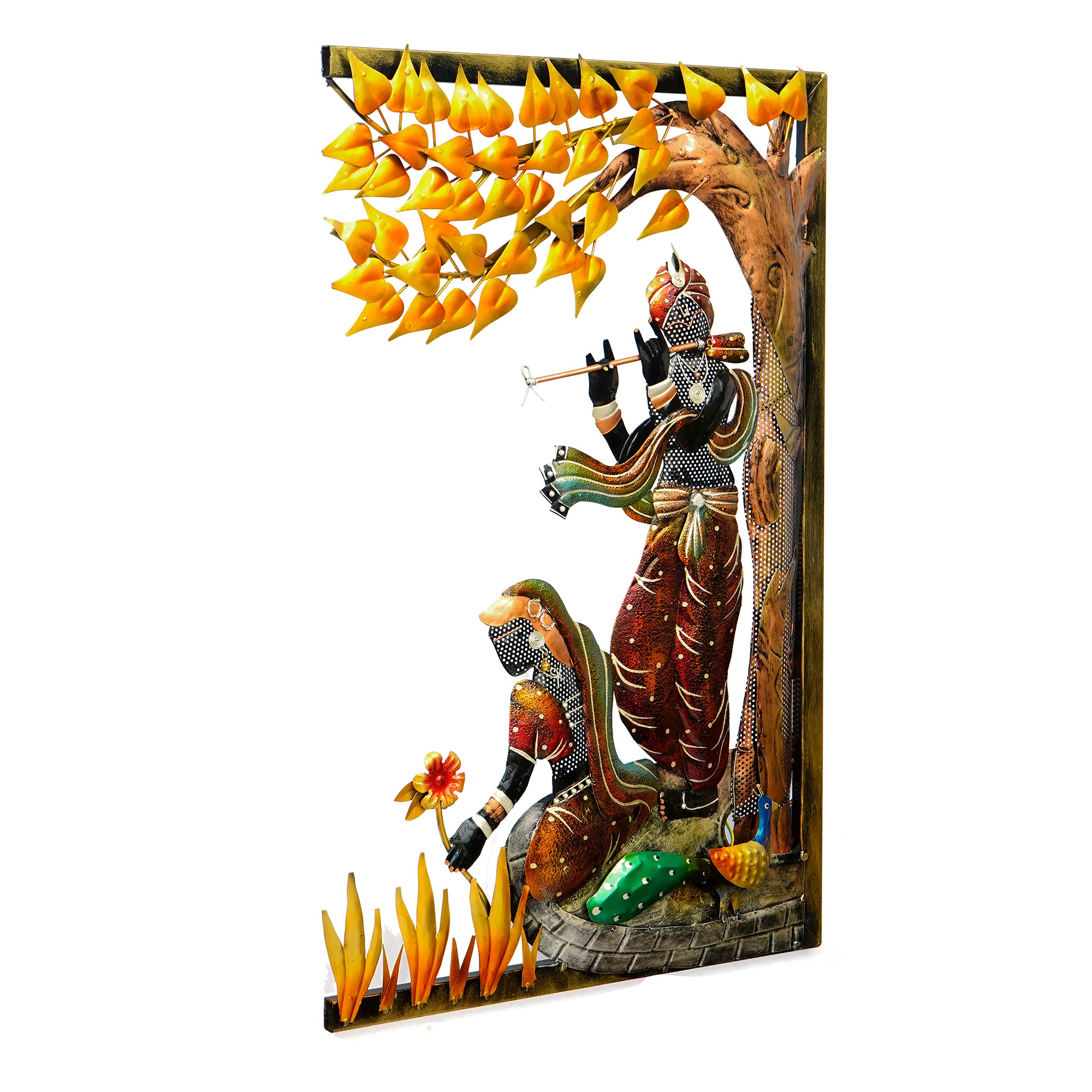 Lord krishna playing flute for radha Handcrafted Metal Wall Hanging with Background LED's 4