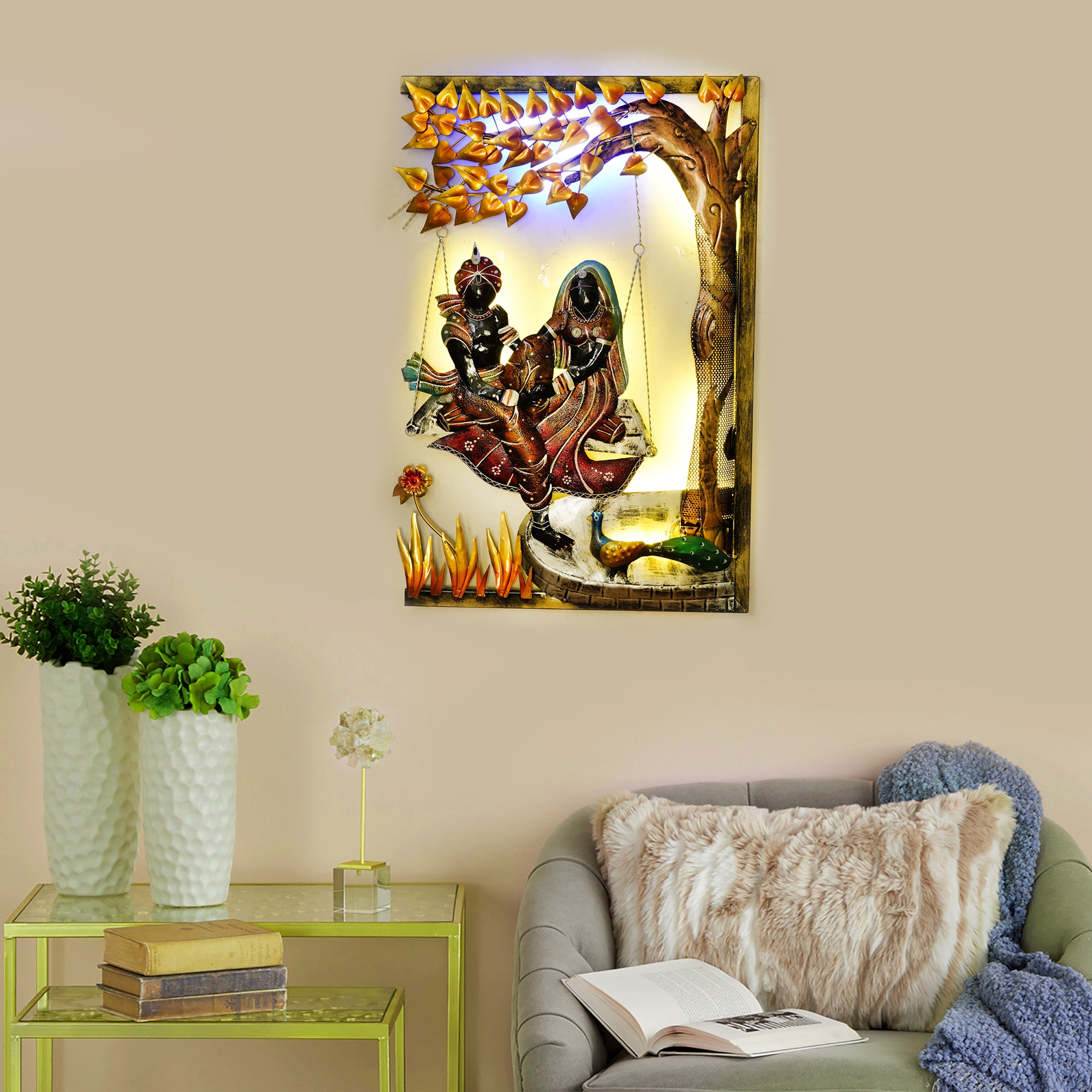 Radha Krishna on Swing Under Tree Handcrafted Metal Wall Hanging with Background LED's 1