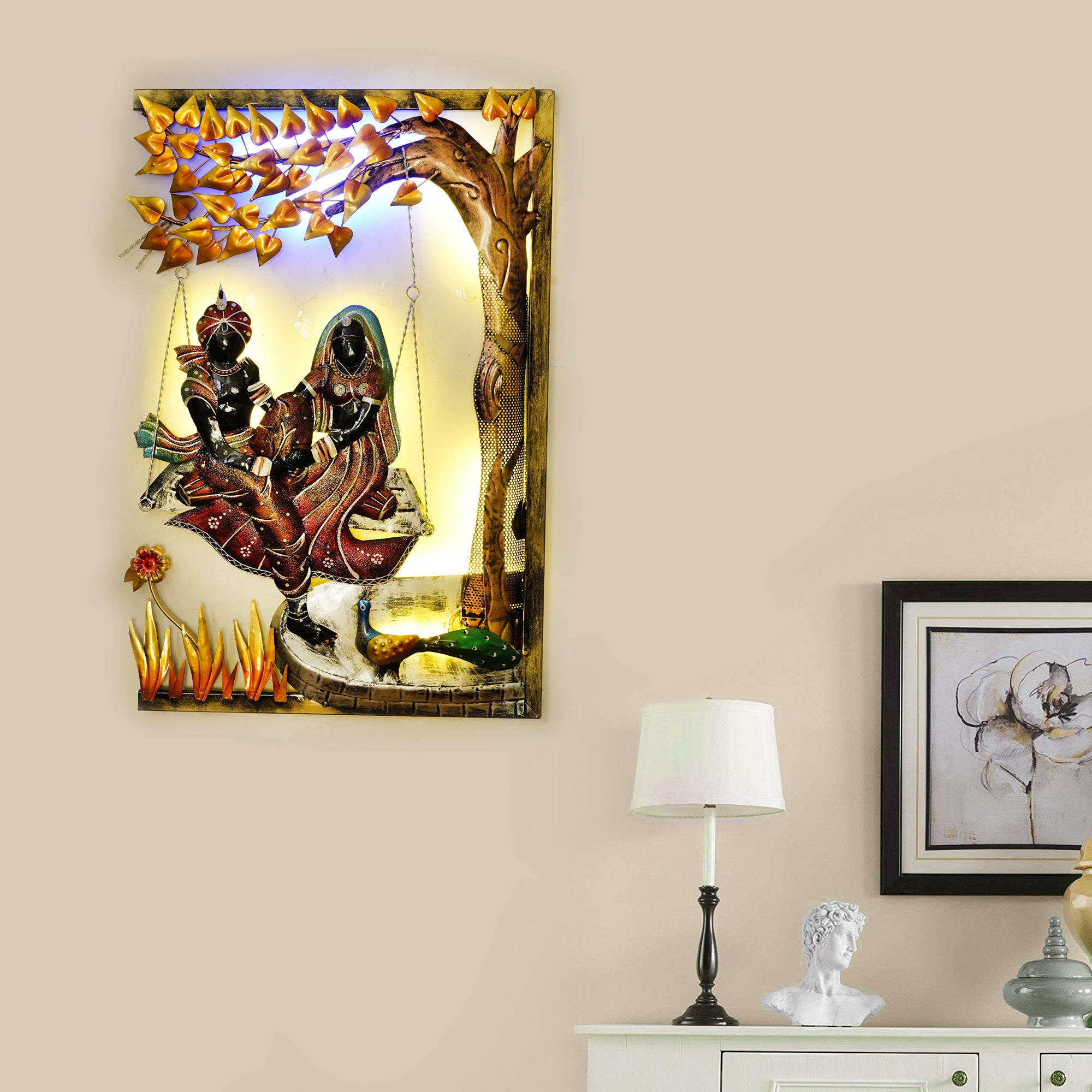 Radha Krishna on Swing Under Tree Handcrafted Metal Wall Hanging with Background LED's
