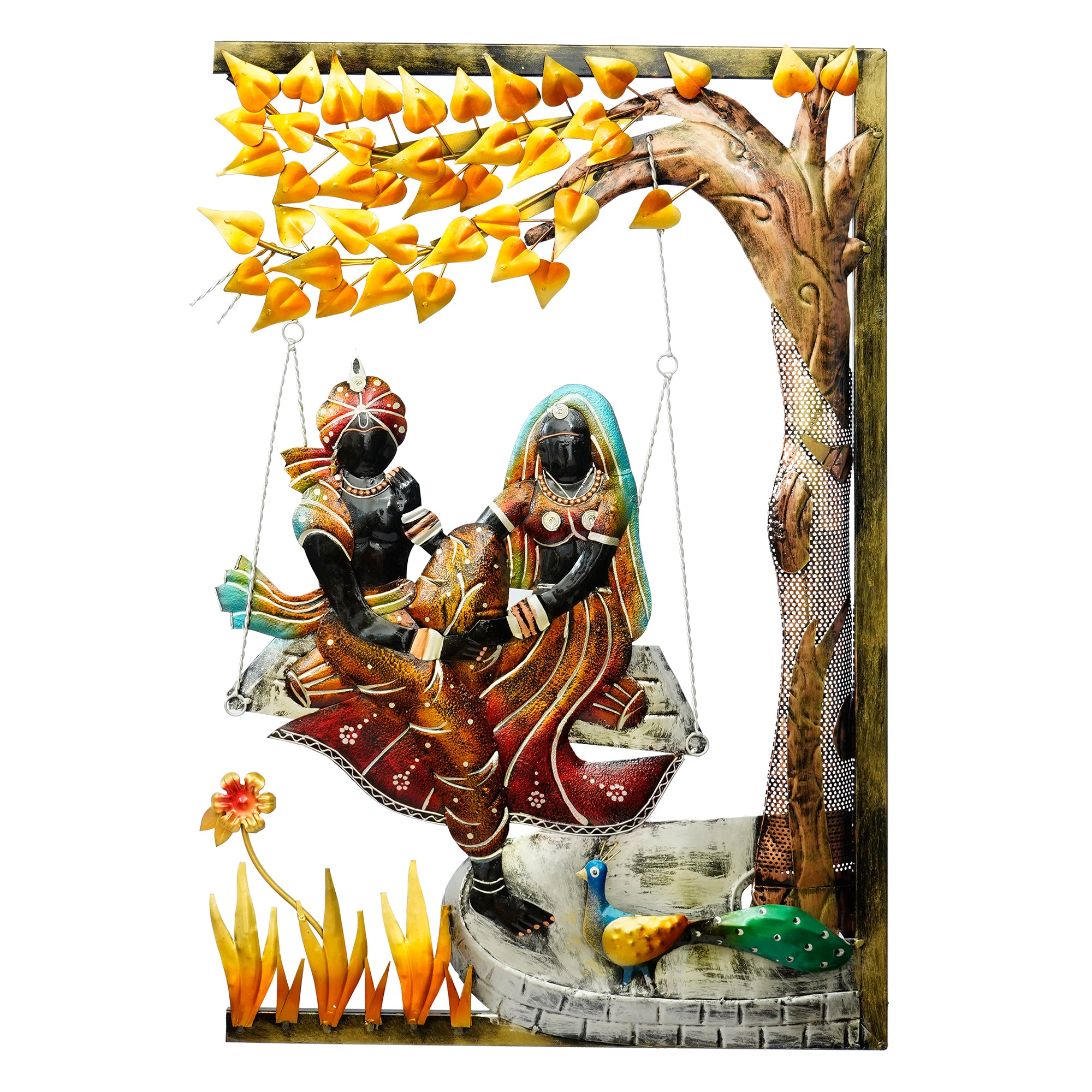 Radha Krishna on Swing Under Tree Handcrafted Metal Wall Hanging with Background LED's 2