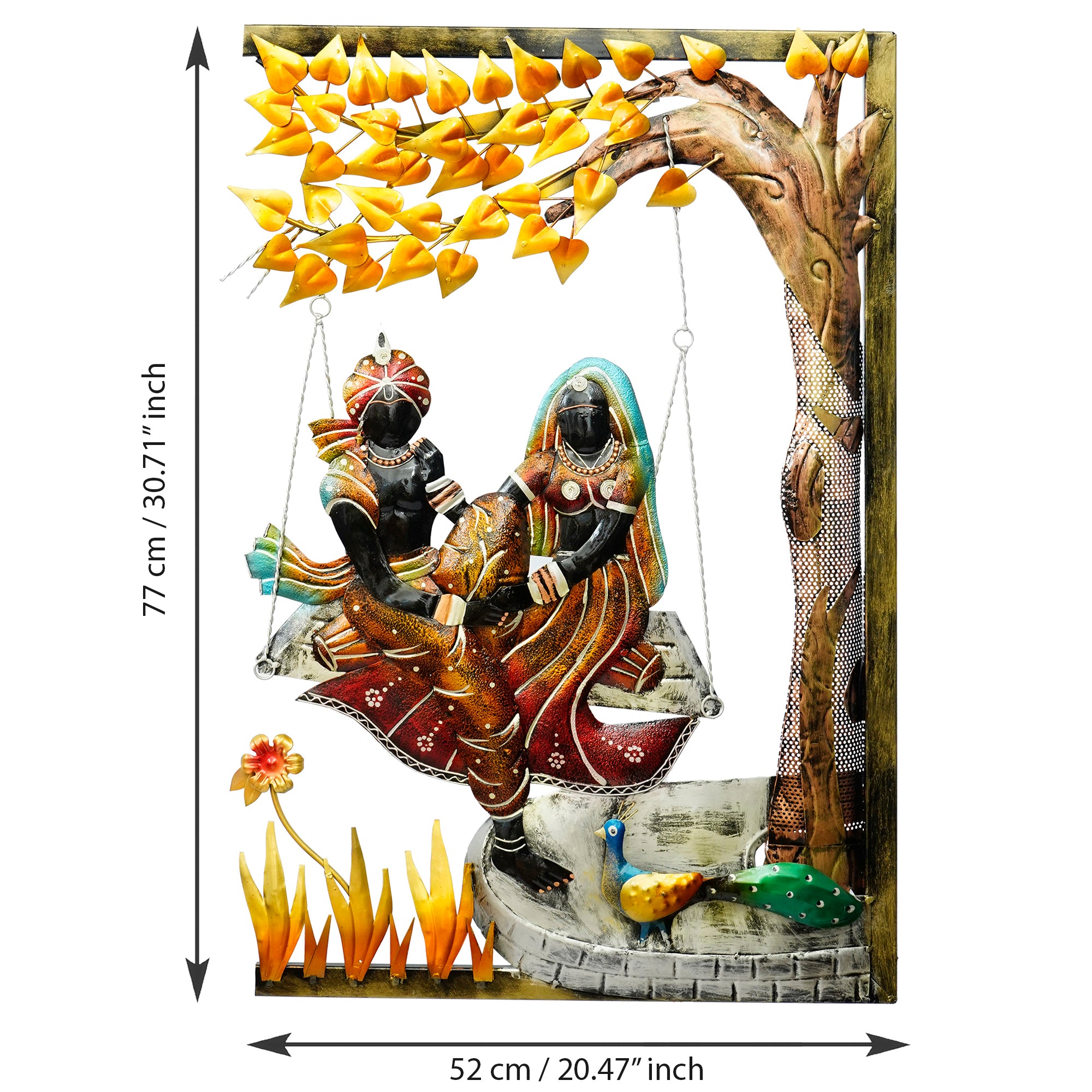 Radha Krishna on Swing Under Tree Handcrafted Metal Wall Hanging with Background LED's 3