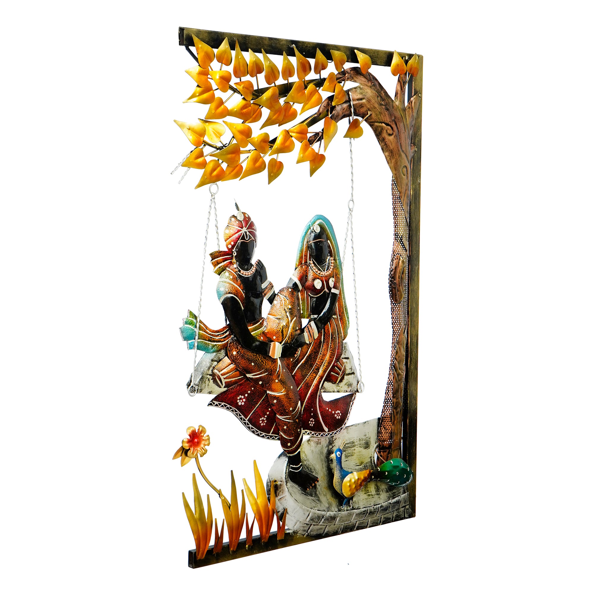 Radha Krishna on Swing Under Tree Handcrafted Metal Wall Hanging with Background LED's 4