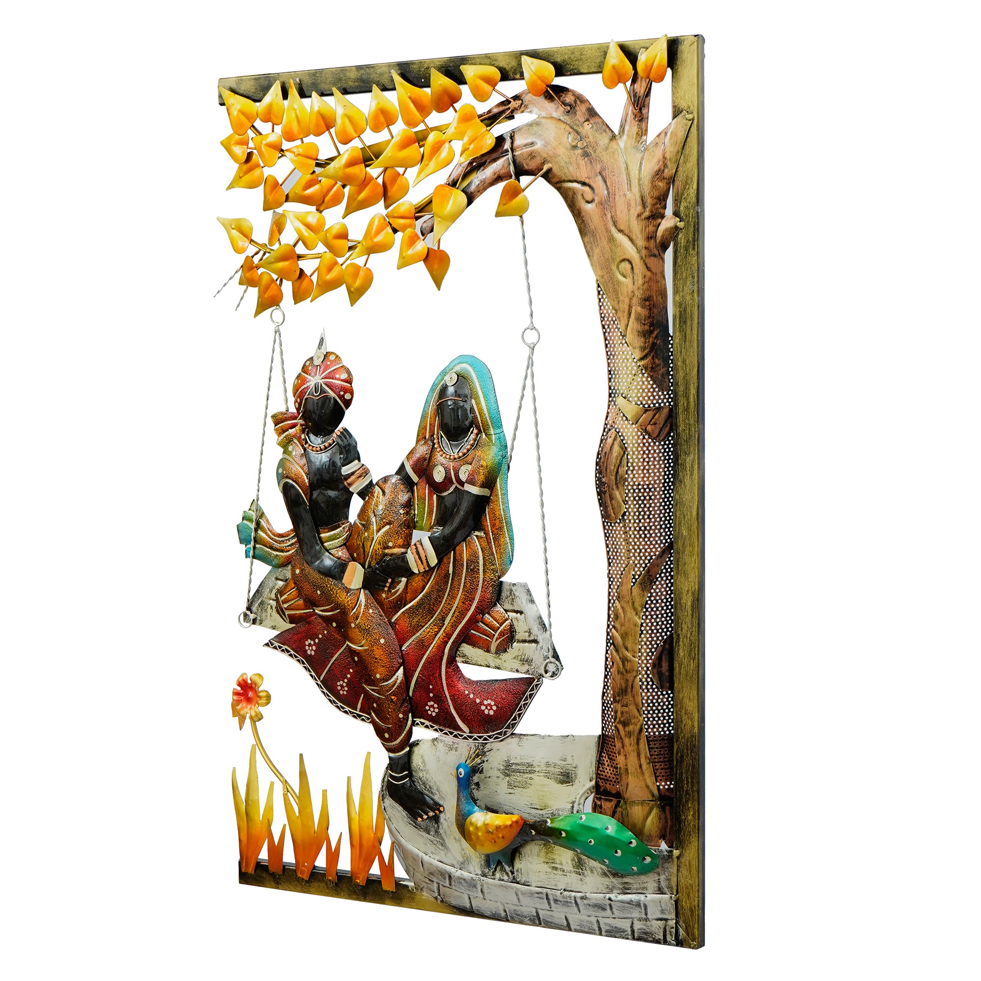 Radha Krishna on Swing Under Tree Handcrafted Metal Wall Hanging with Background LED's 5