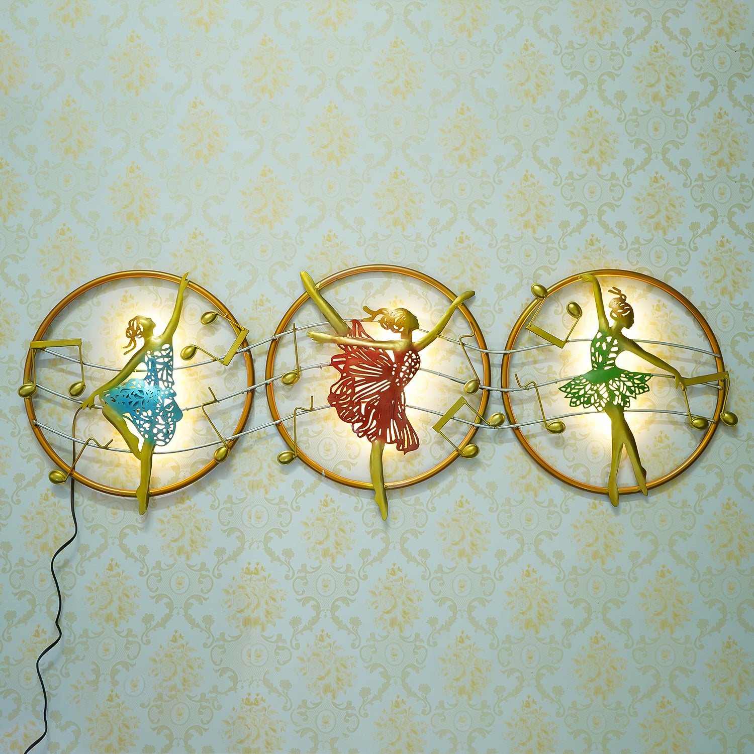 Set of 3 Dancing Lady Handcrafted Iron Wall Hanging with background LED's