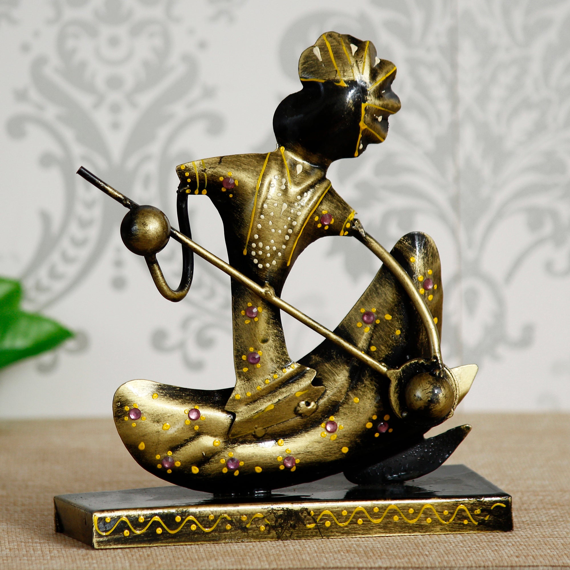 Iron Tribal Man Figurine with Paghdi Playing Banjo Musical Instrument Decorative Showpiece (Golden and Black)