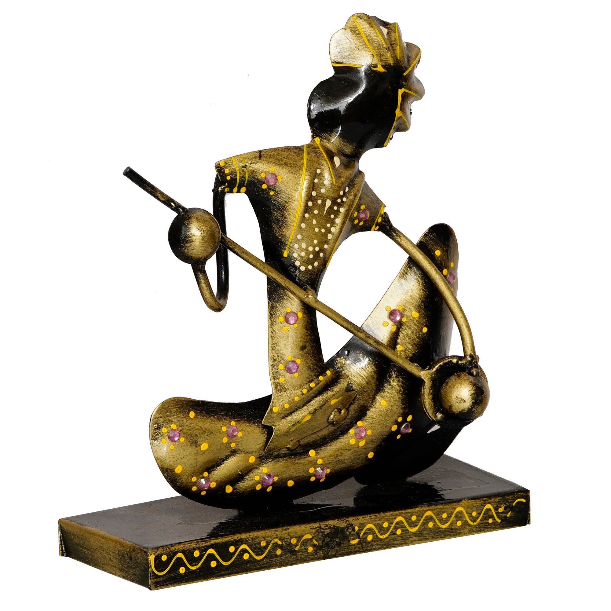 Iron Tribal Man Figurine with Paghdi Playing Banjo Musical Instrument Decorative Showpiece (Golden and Black) 2