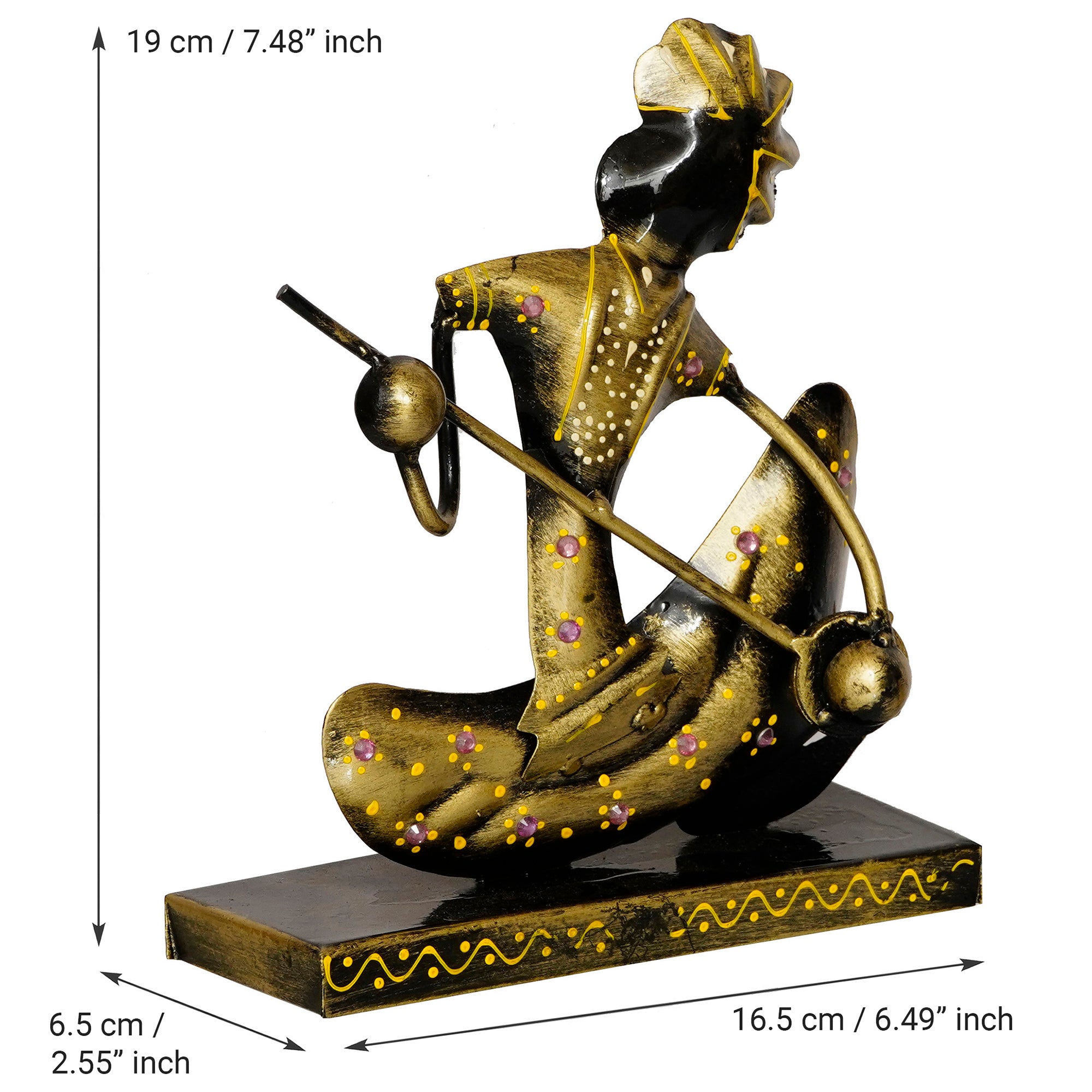 Iron Tribal Man Figurine with Paghdi Playing Banjo Musical Instrument Decorative Showpiece (Golden and Black) 3