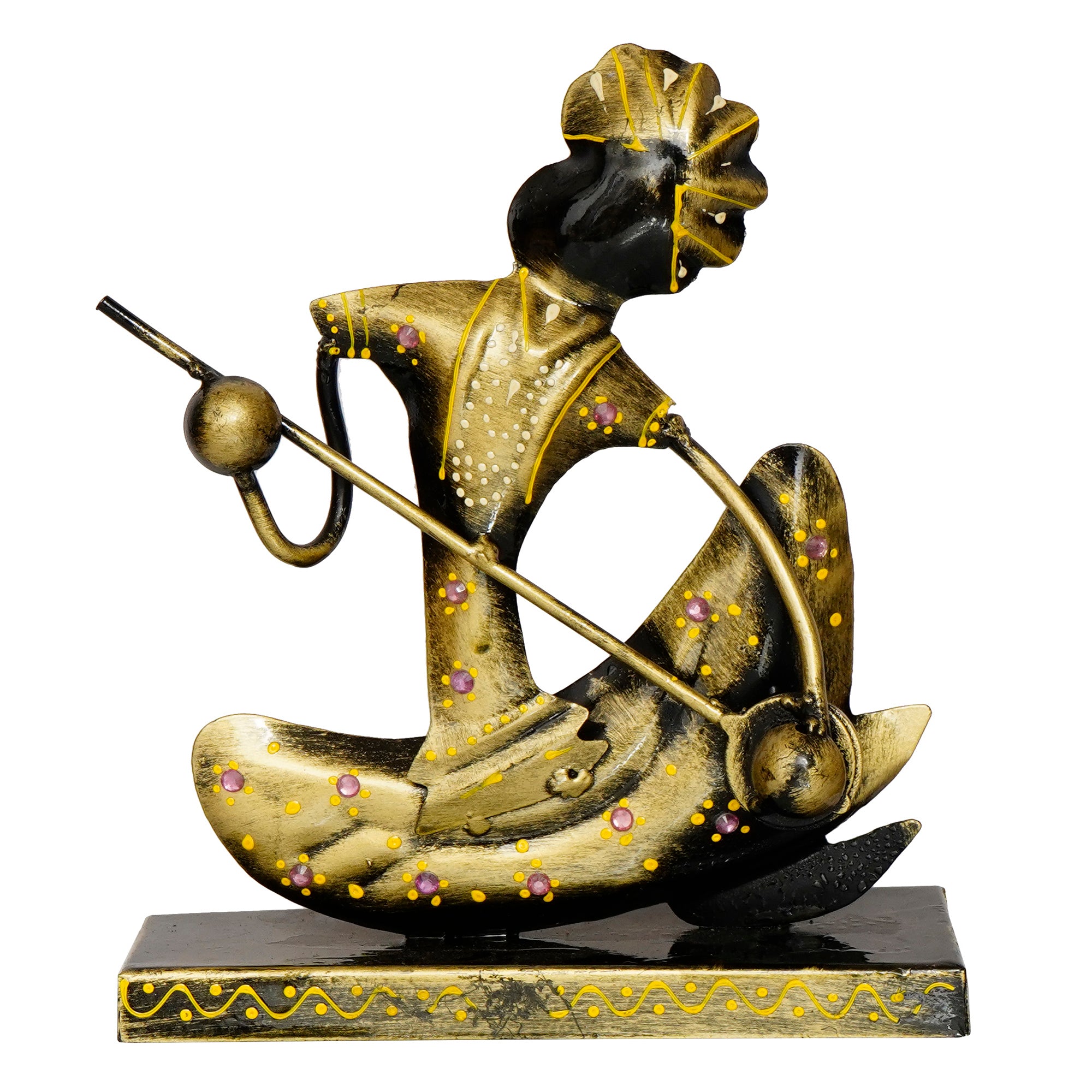 Iron Tribal Man Figurine with Paghdi Playing Banjo Musical Instrument Decorative Showpiece (Golden and Black) 4