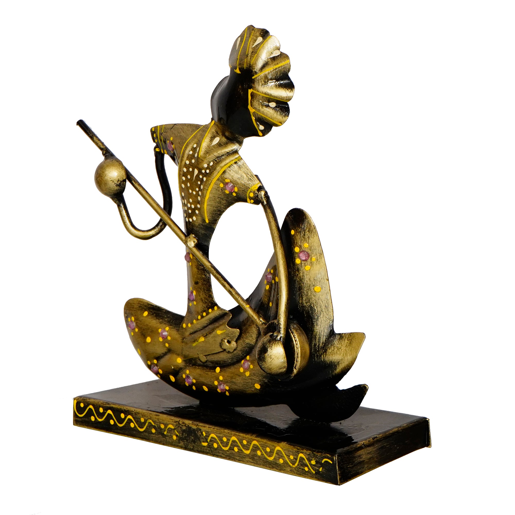 Iron Tribal Man Figurine with Paghdi Playing Banjo Musical Instrument Decorative Showpiece (Golden and Black) 5