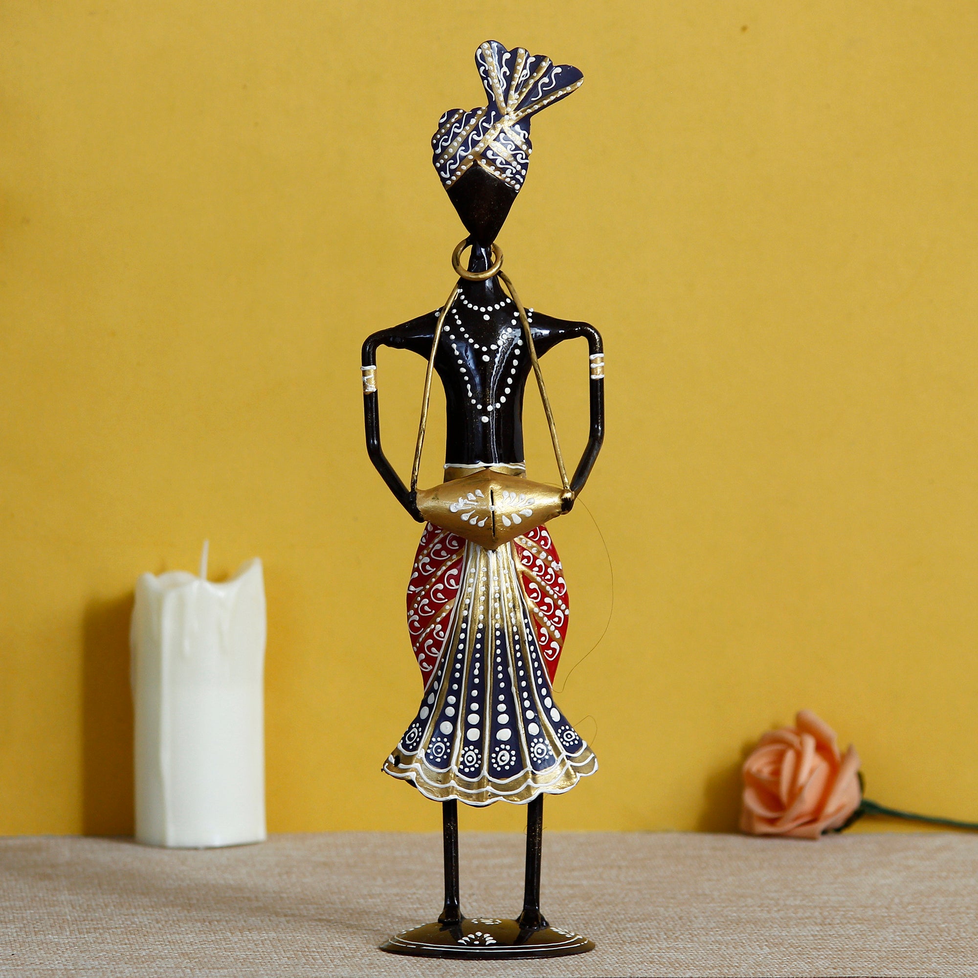 Iron Tribal Man Figurine Playing Banjo Musical Instrument Decorative Showpiece (Black, Green and Orange) 1