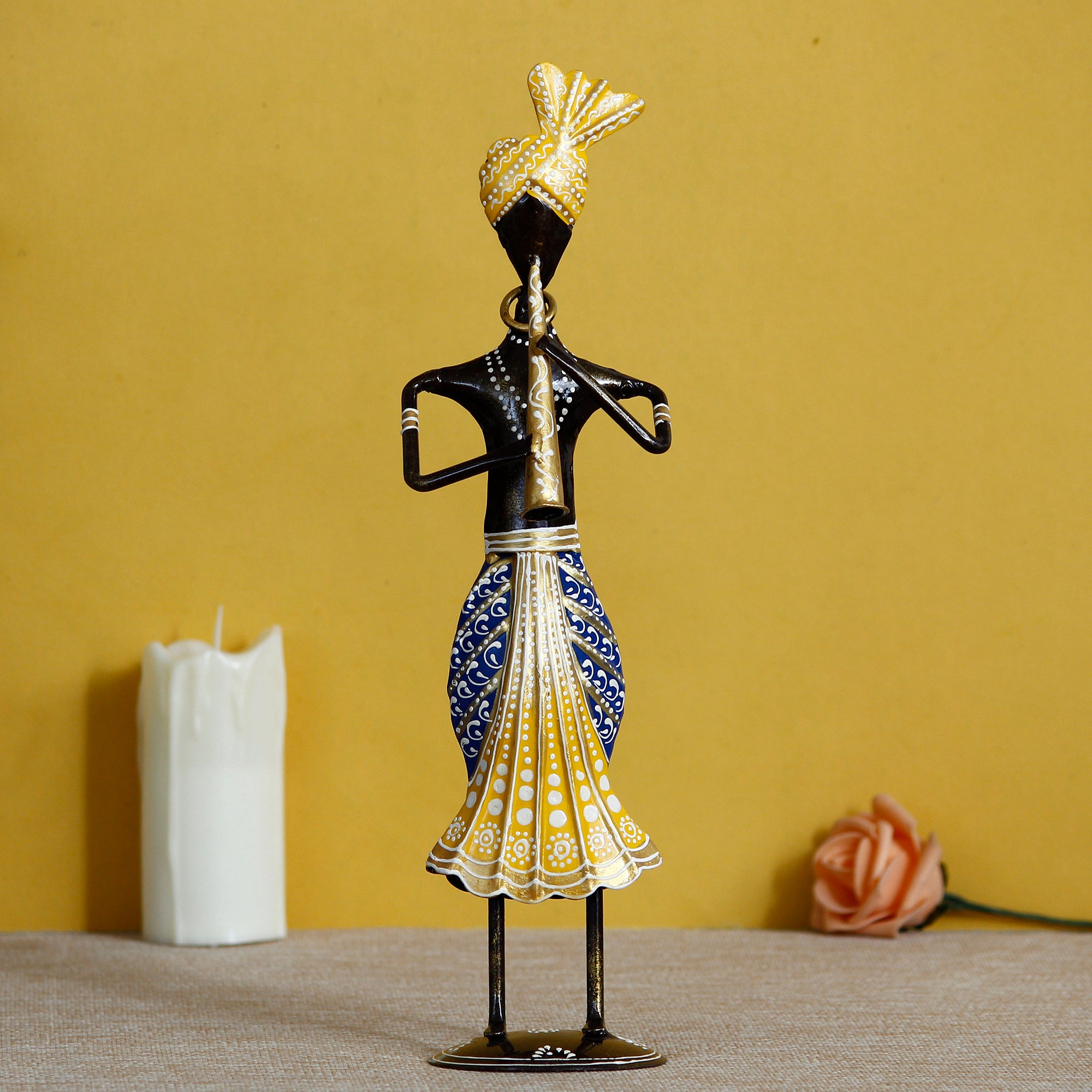 Iron Tribal Man Figurine Playing Trumpet Musical Instrument Decorative Showpiece (Black, Yellow and Blue) 1