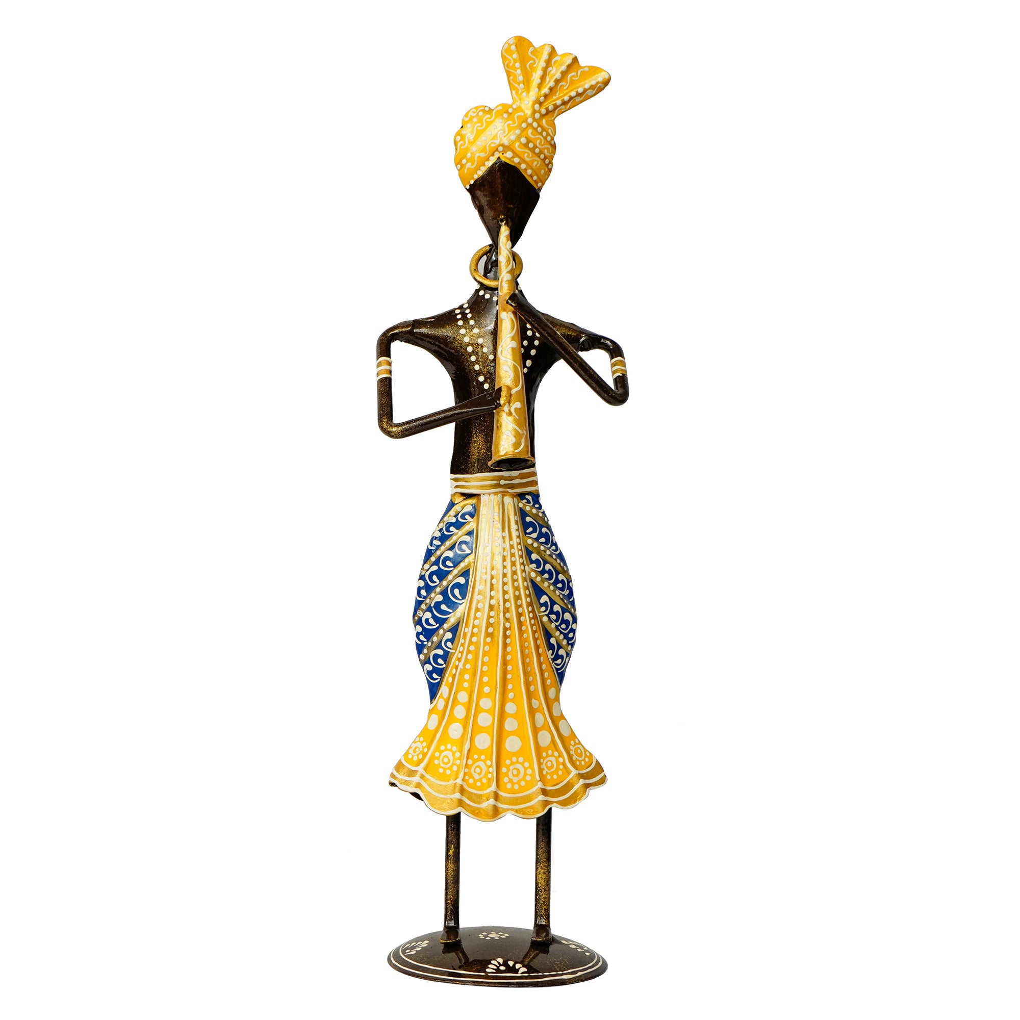 Iron Tribal Man Figurine Playing Trumpet Musical Instrument Decorative Showpiece (Black, Yellow and Blue) 2