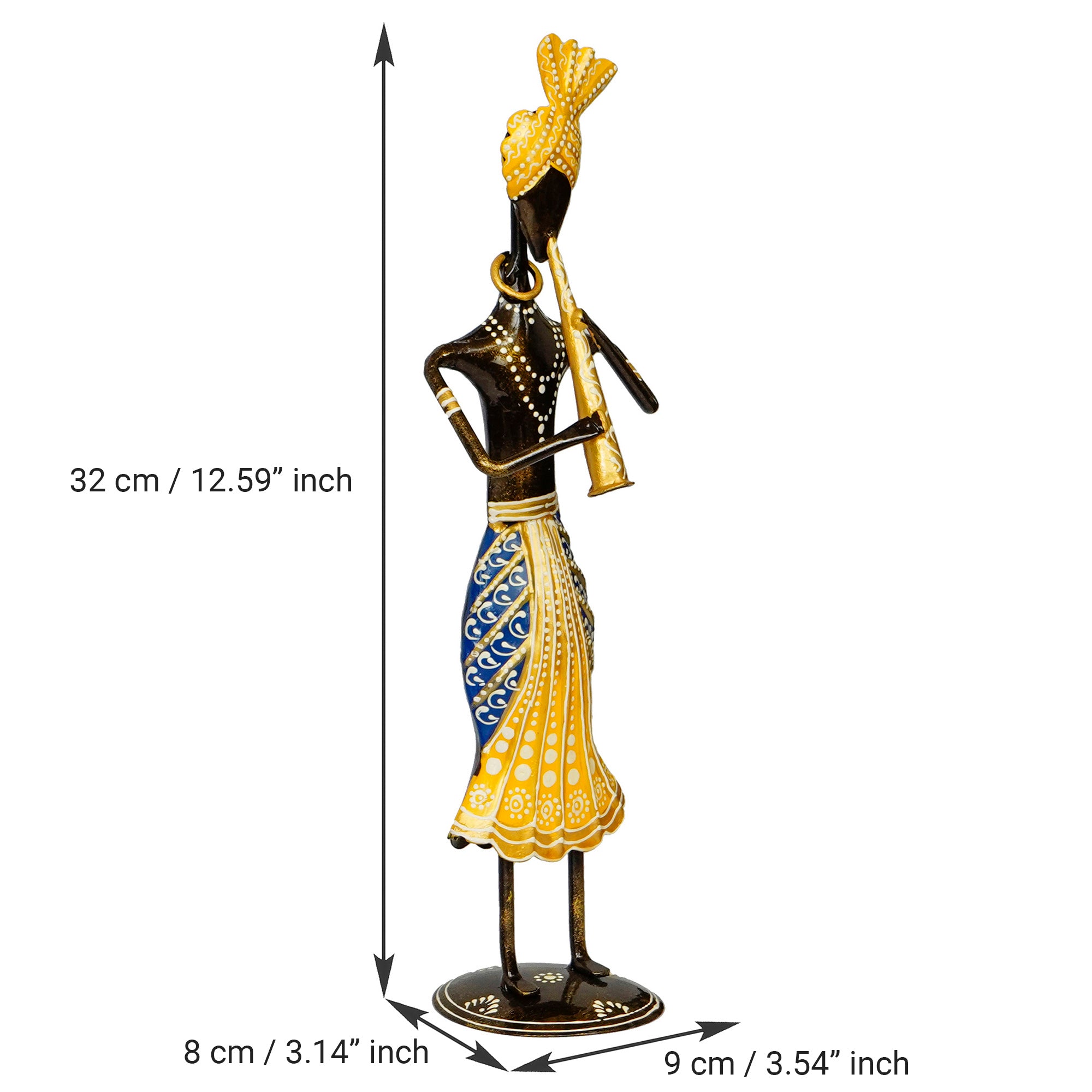 Iron Tribal Man Figurine Playing Trumpet Musical Instrument Decorative Showpiece (Black, Yellow and Blue) 3