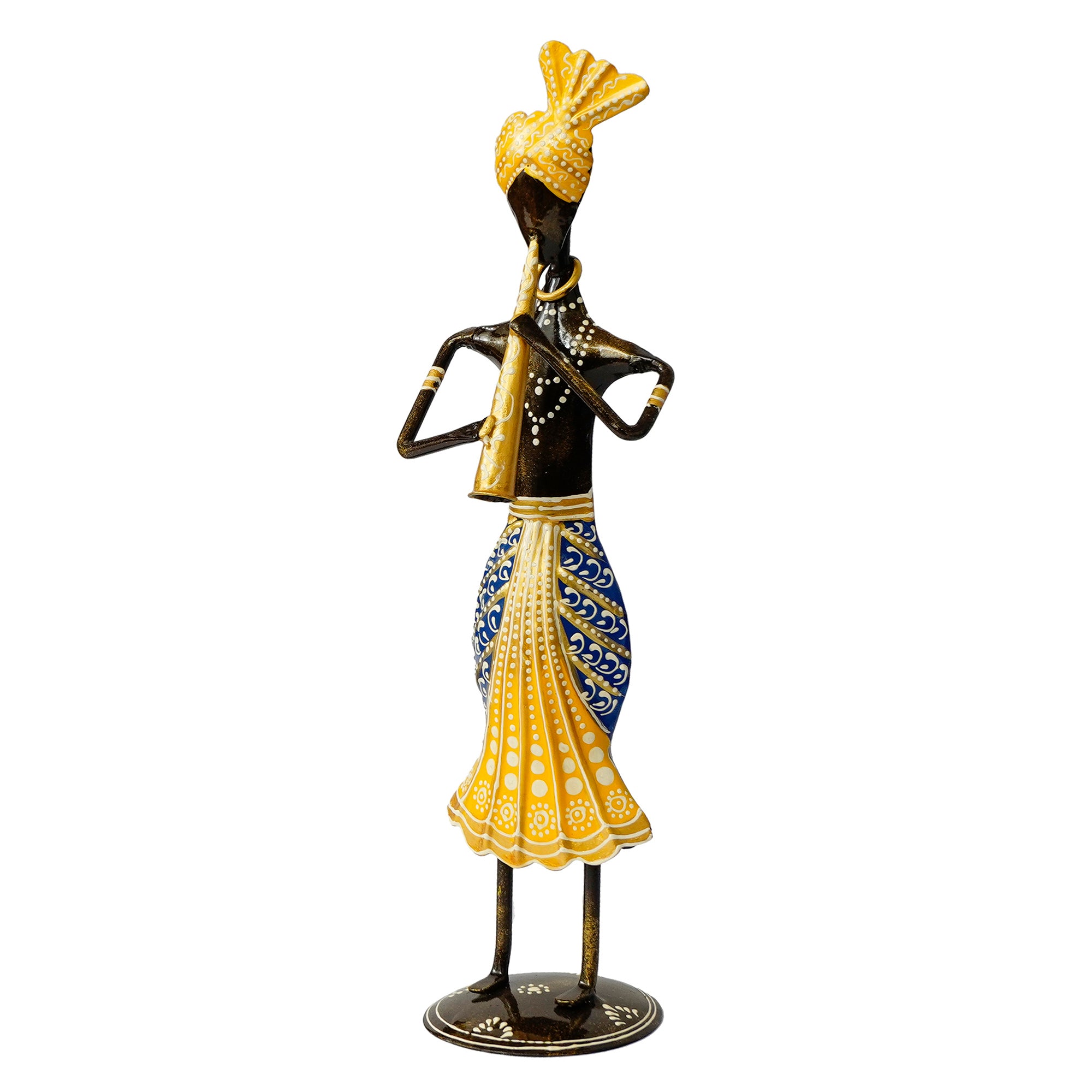 Iron Tribal Man Figurine Playing Trumpet Musical Instrument Decorative Showpiece (Black, Yellow and Blue) 4