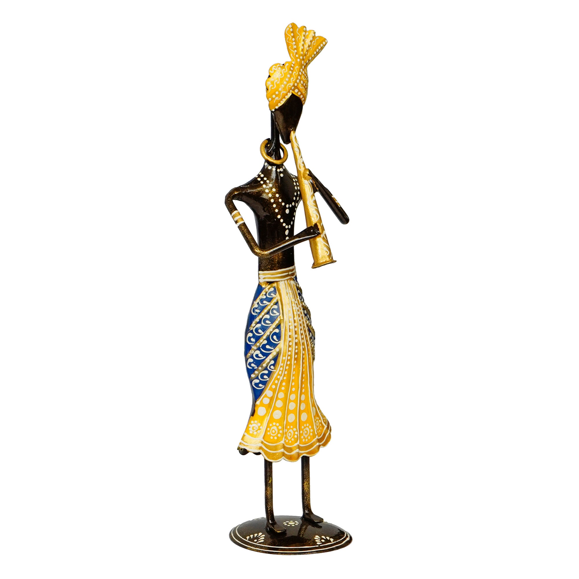 Iron Tribal Man Figurine Playing Trumpet Musical Instrument Decorative Showpiece (Black, Yellow and Blue) 5