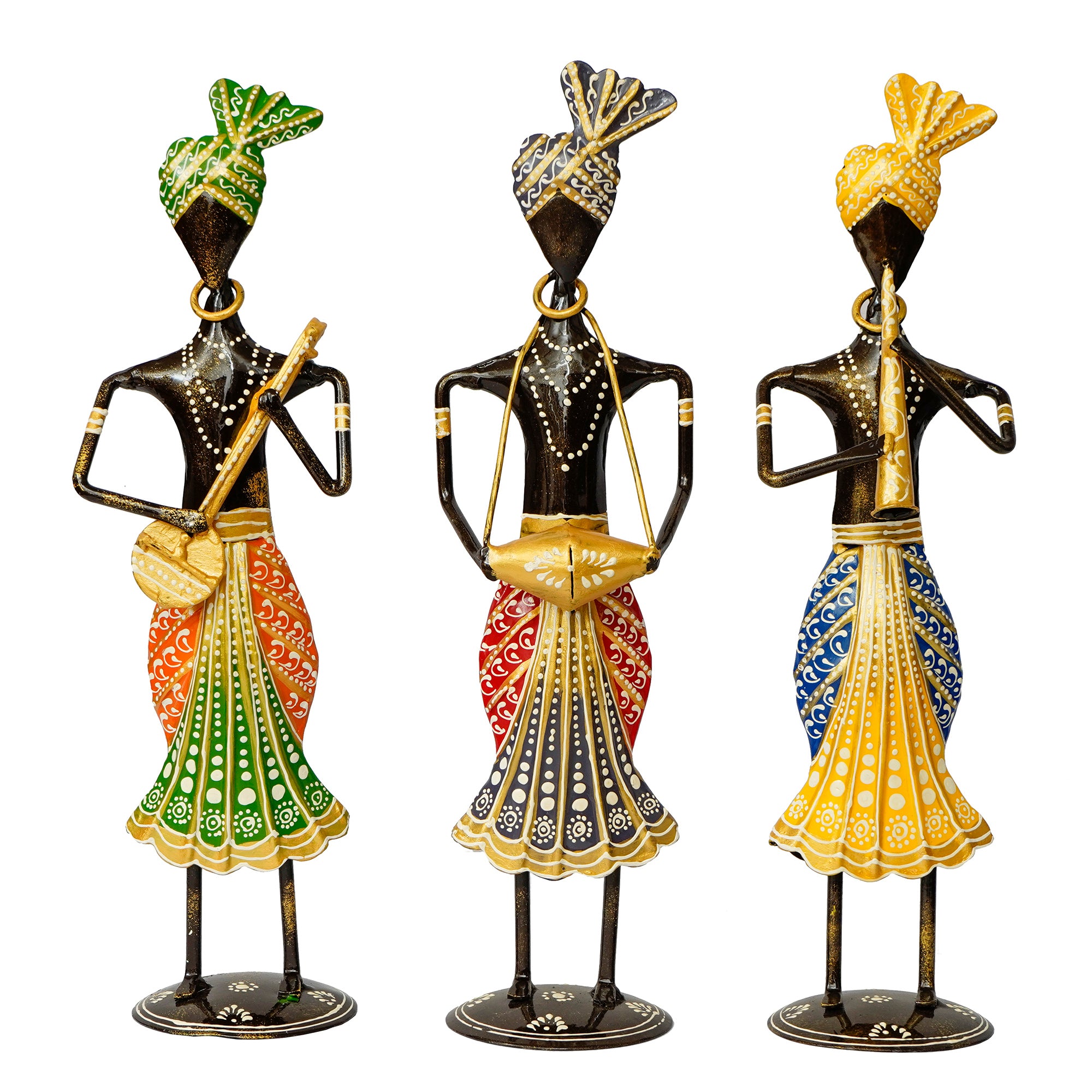 Iron Set of 3 Tribal Man Figurines Playing Banjo, Dholak, Trumpet Musical Instruments Decorative Showpiece 2