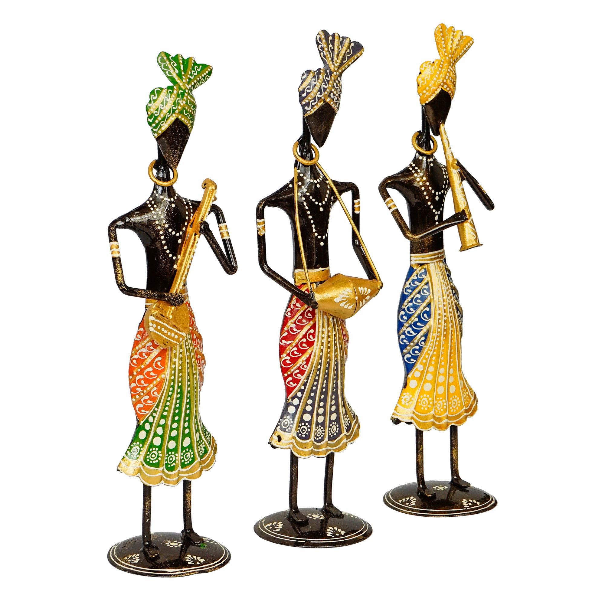 Iron Set of 3 Tribal Man Figurines Playing Banjo, Dholak, Trumpet Musical Instruments Decorative Showpiece 3