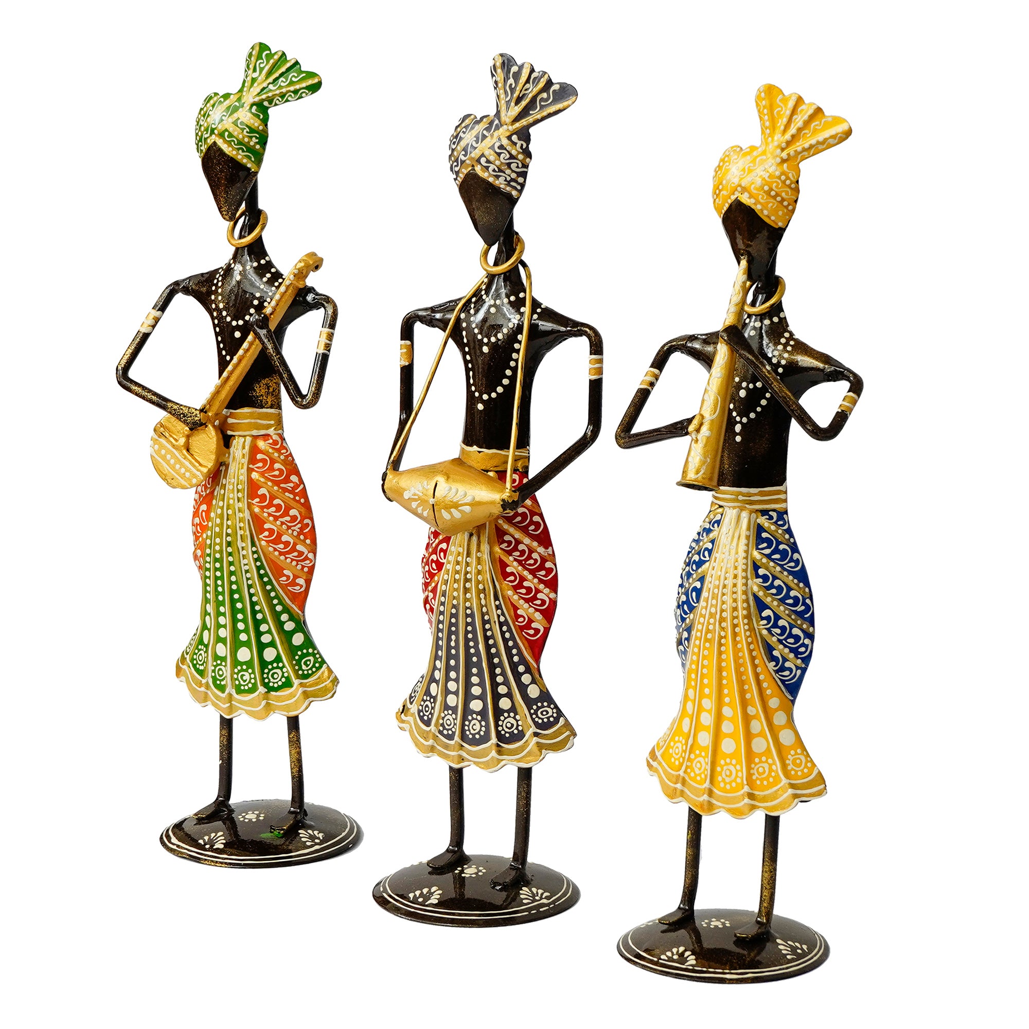 Iron Set of 3 Tribal Man Figurines Playing Banjo, Dholak, Trumpet Musical Instruments Decorative Showpiece 4