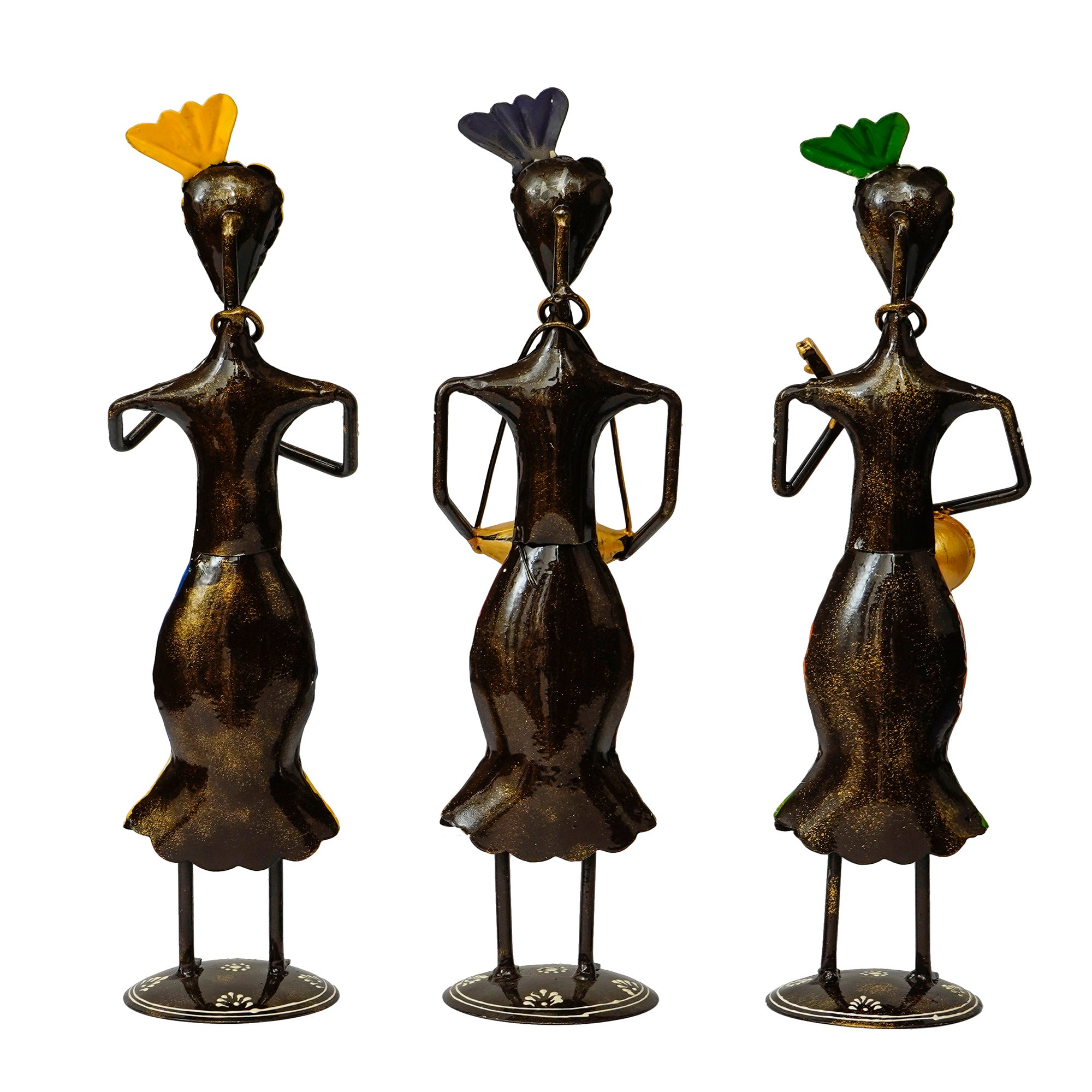 Iron Set of 3 Tribal Man Figurines Playing Banjo, Dholak, Trumpet Musical Instruments Decorative Showpiece 5