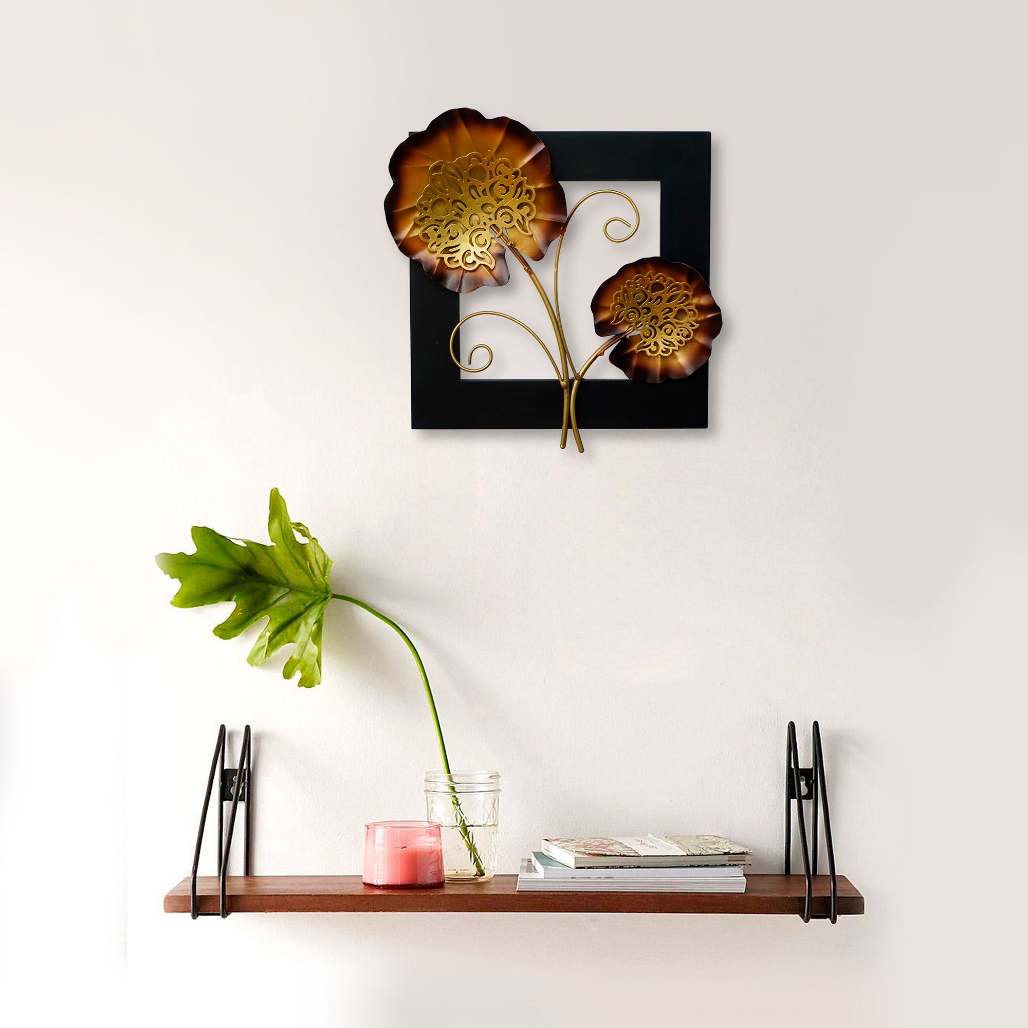 Golden Iron Leaves with Wooden Frame Handcrafted Wall Hanging 1
