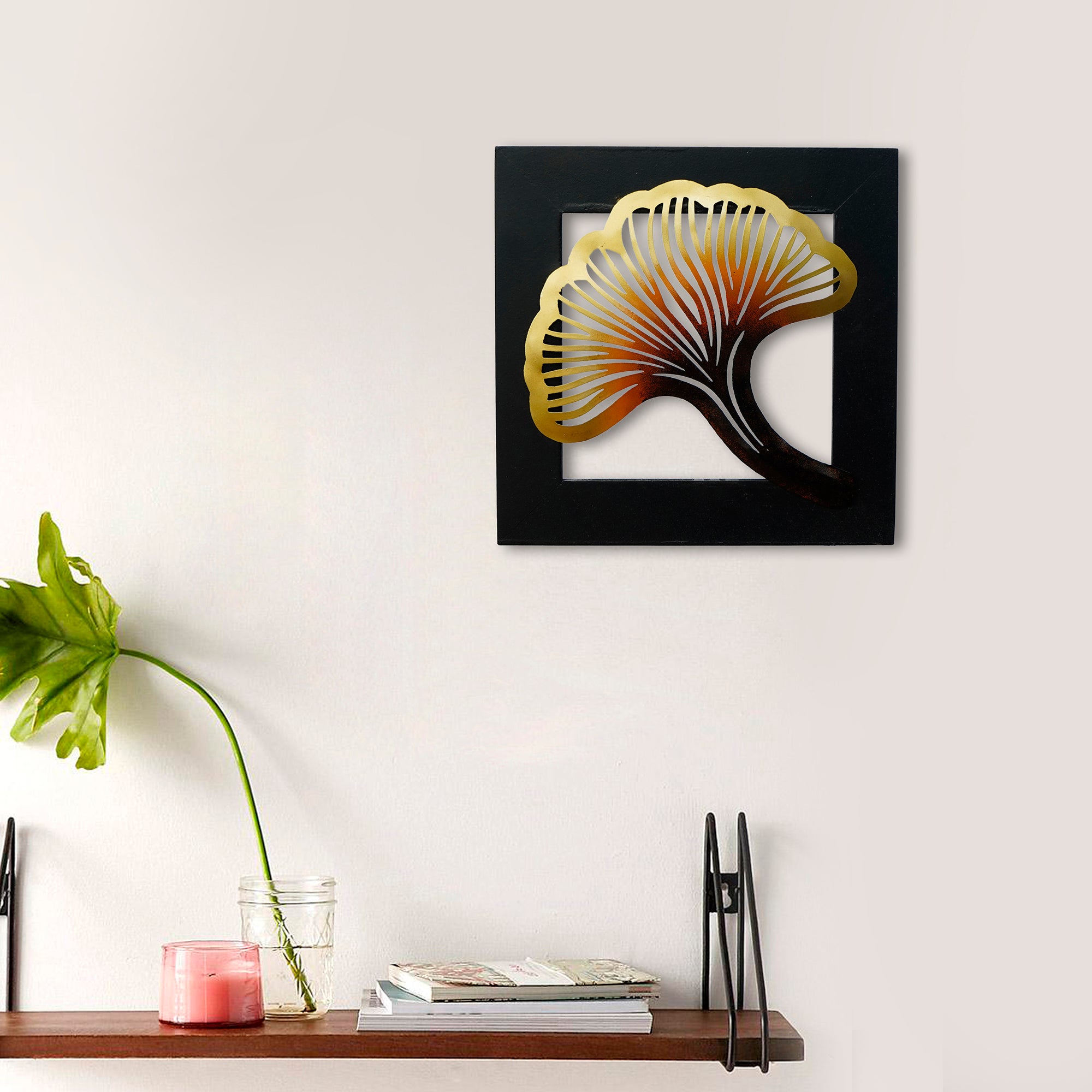 Colorful Iron Leaf with Wooden Frame Handcrafted Wall Hanging 1