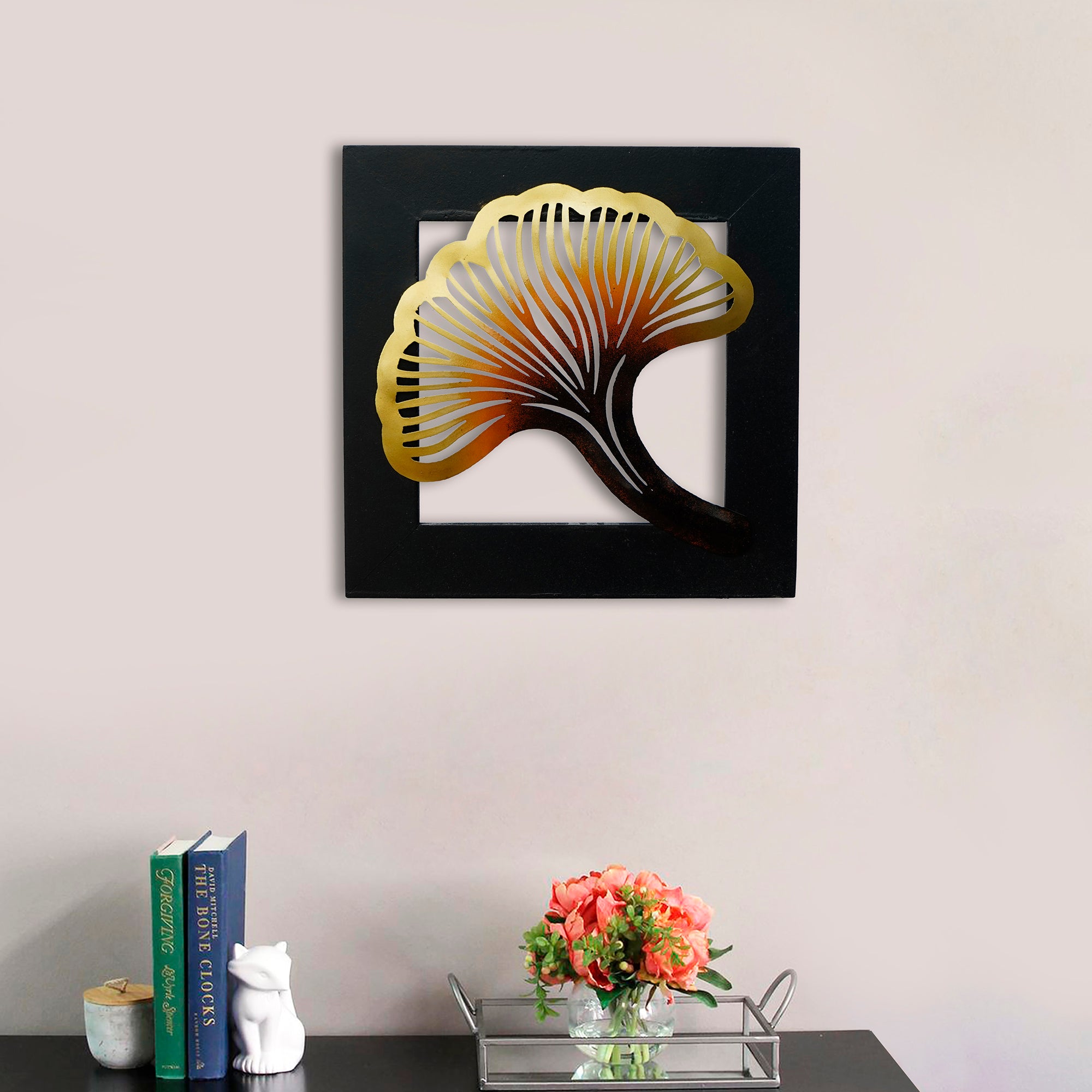 Colorful Iron Leaf with Wooden Frame Handcrafted Wall Hanging
