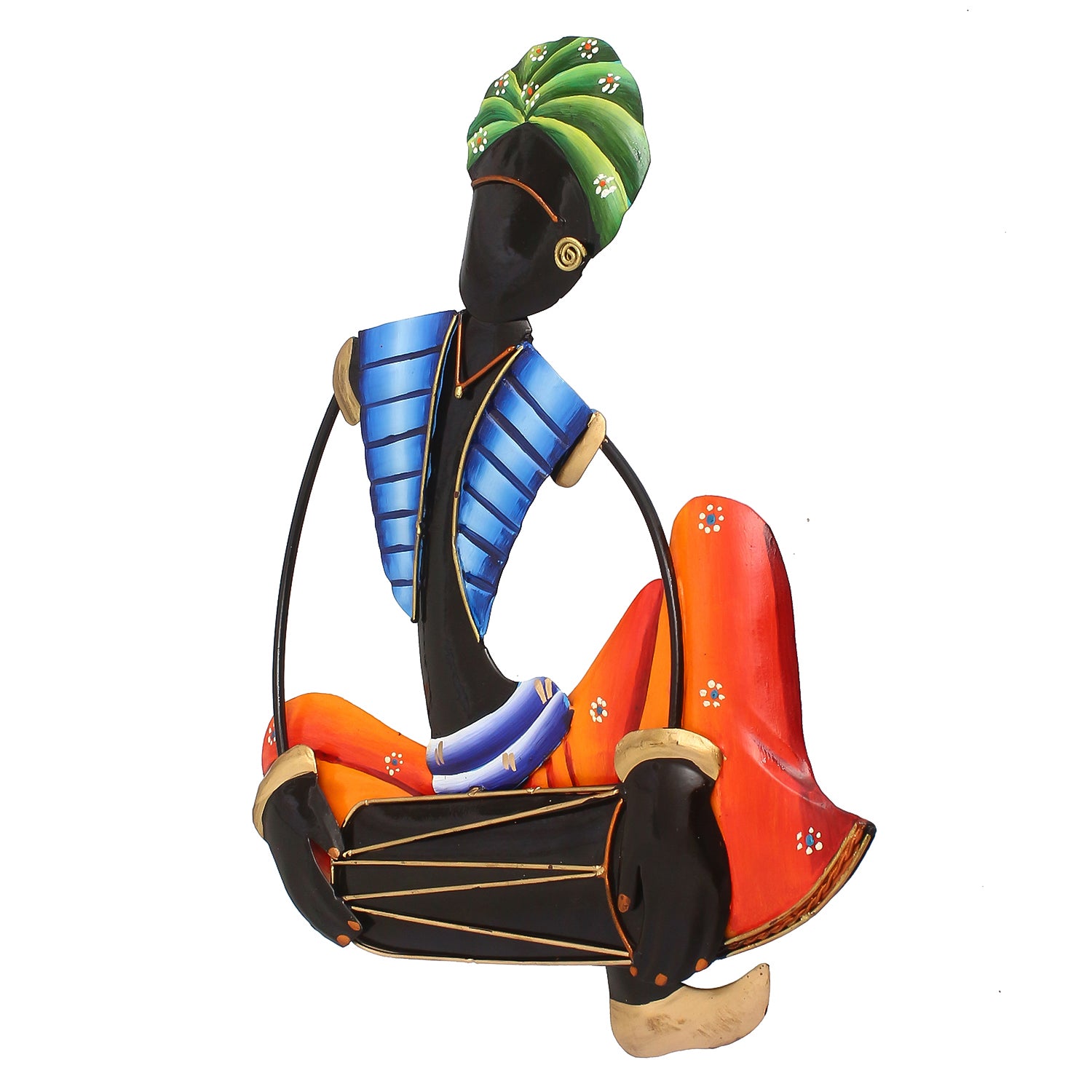Musician Tribal Man Playing Dholak Iron Wall Hanging (Orange, Blue, Black, Green) 5